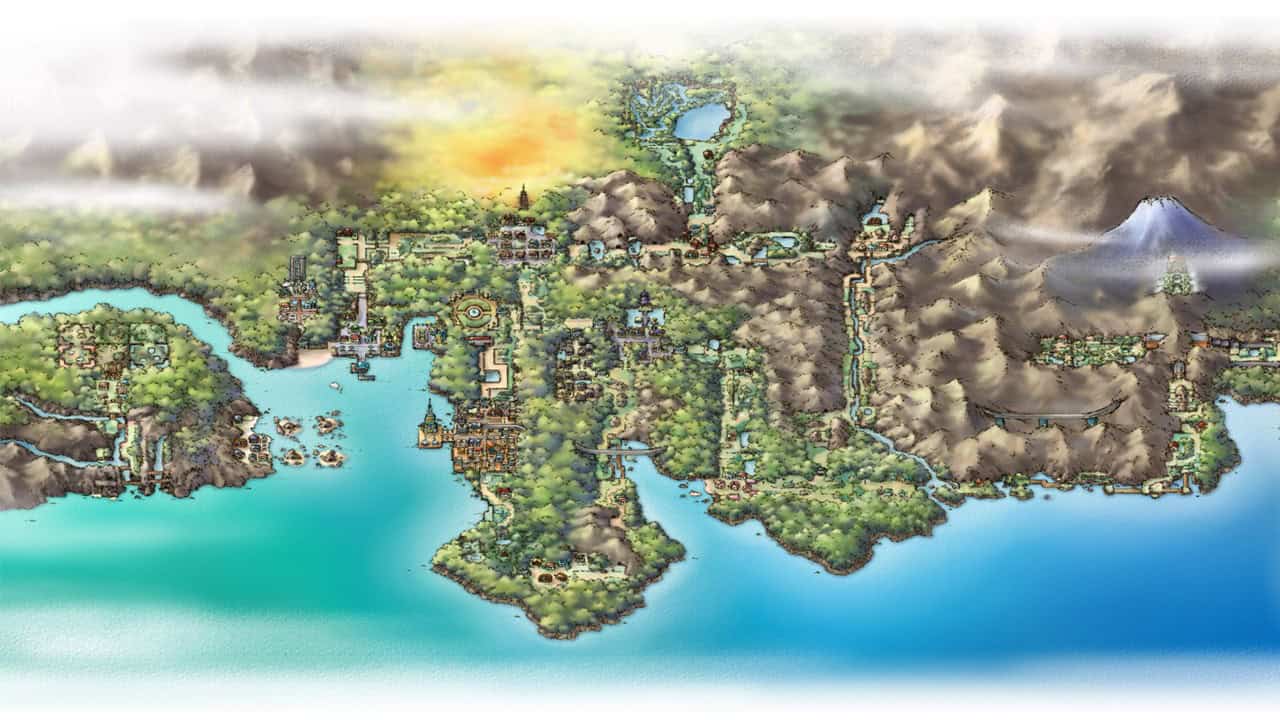 Official art of the Johto region, with cities based on historic cities like Osaka.