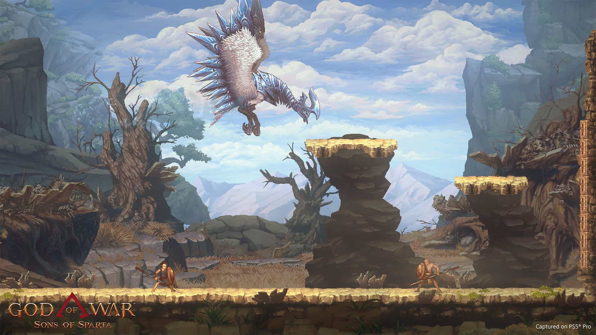 Screenshot from God of War: sons of Sparta of the two protagonists fighting a flying enemy