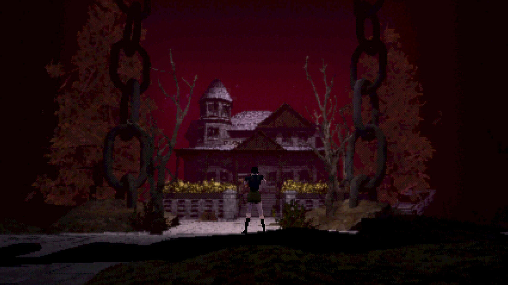 An ominous house in a dark red sky
