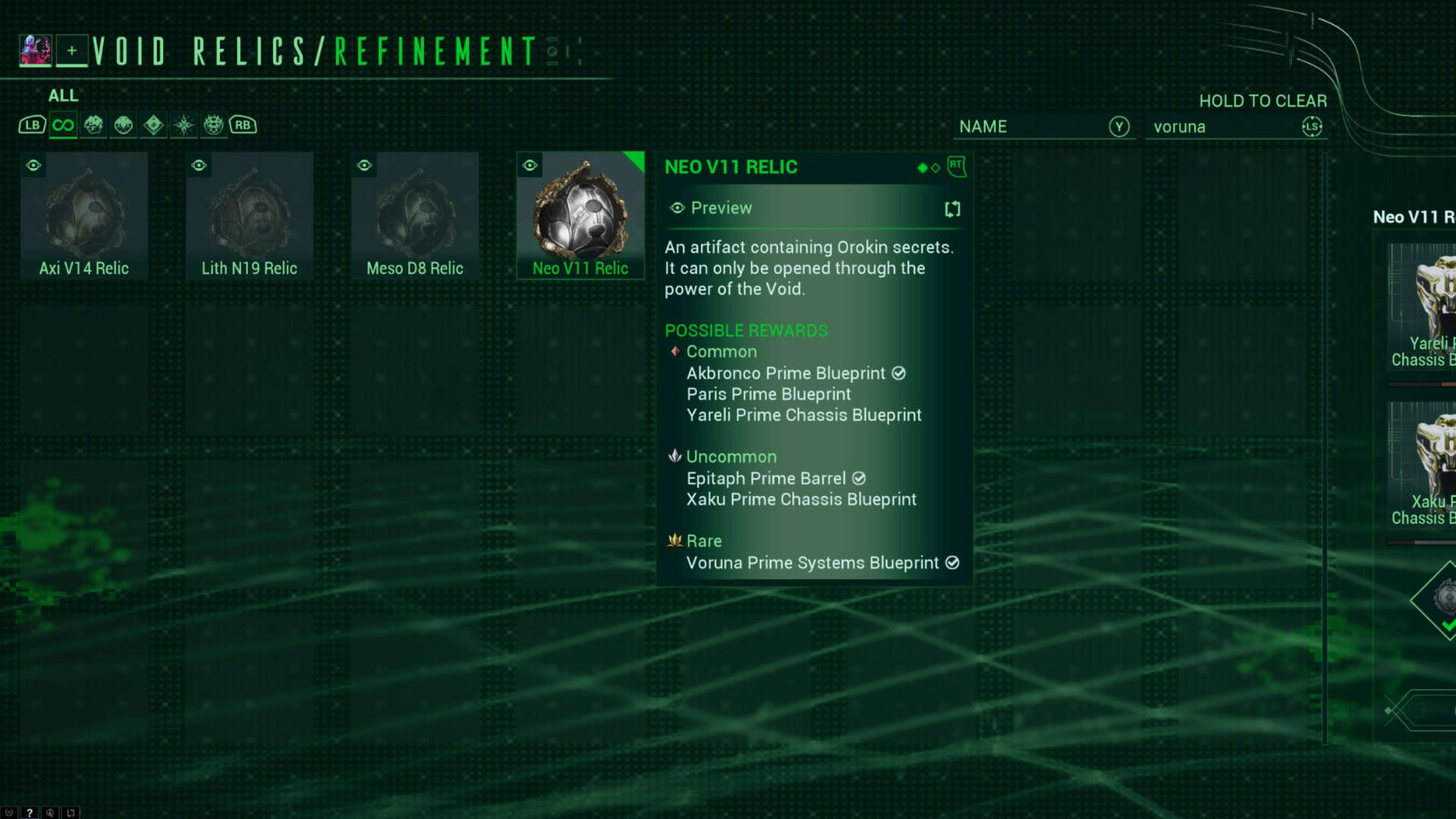 Warframe Relics Menu