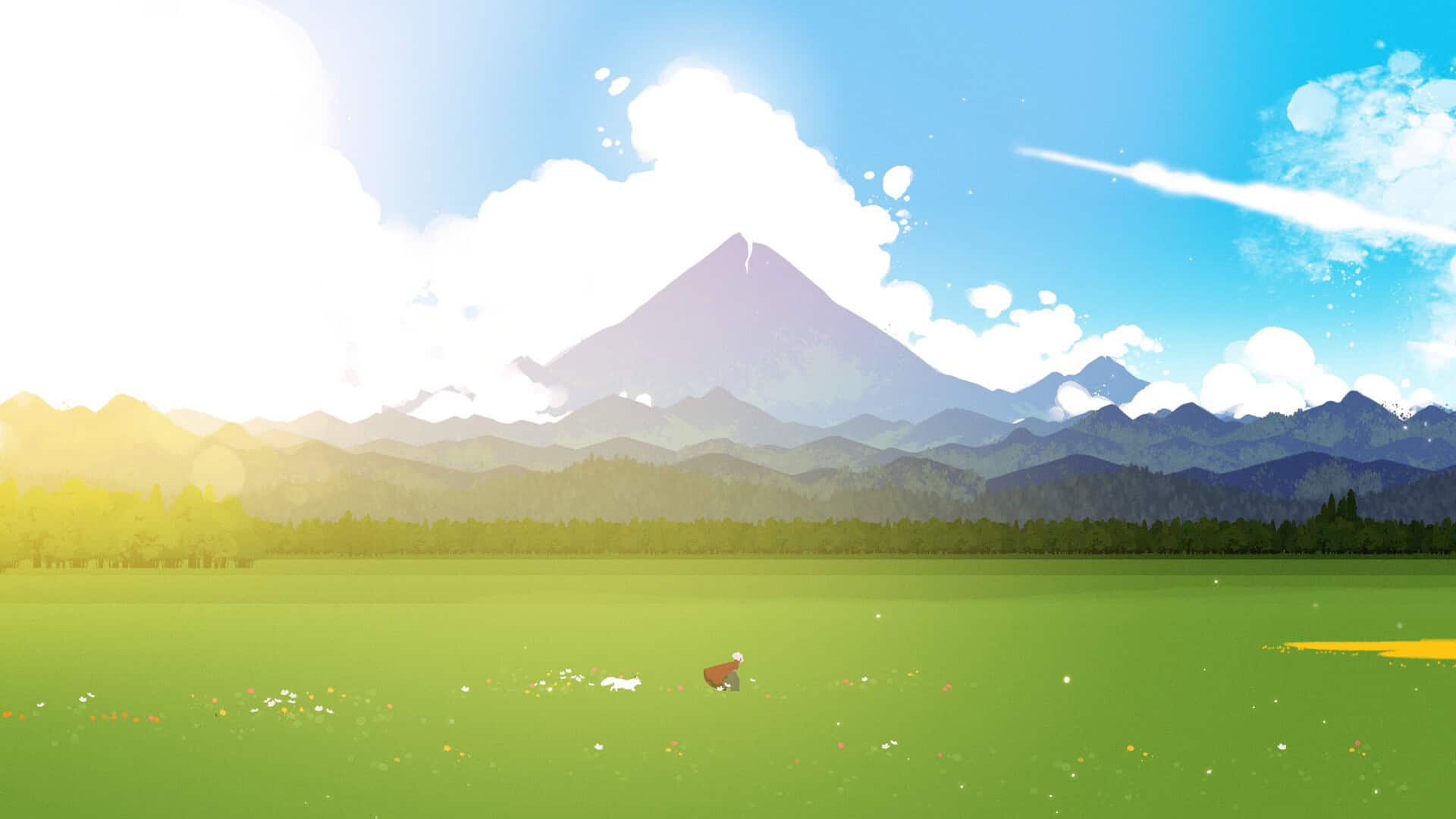Screenshot from the game Neva showing Alba and Neva traveling through a green field