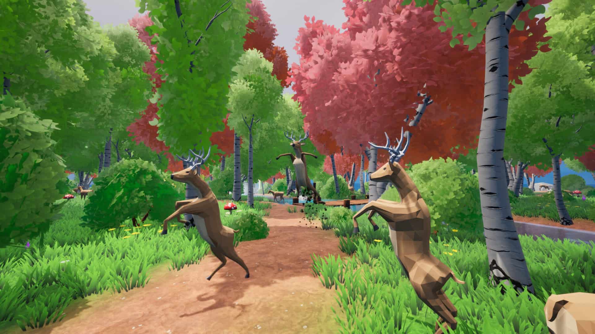 Three deer walking on their back legs try to cross a path without being seen. 
