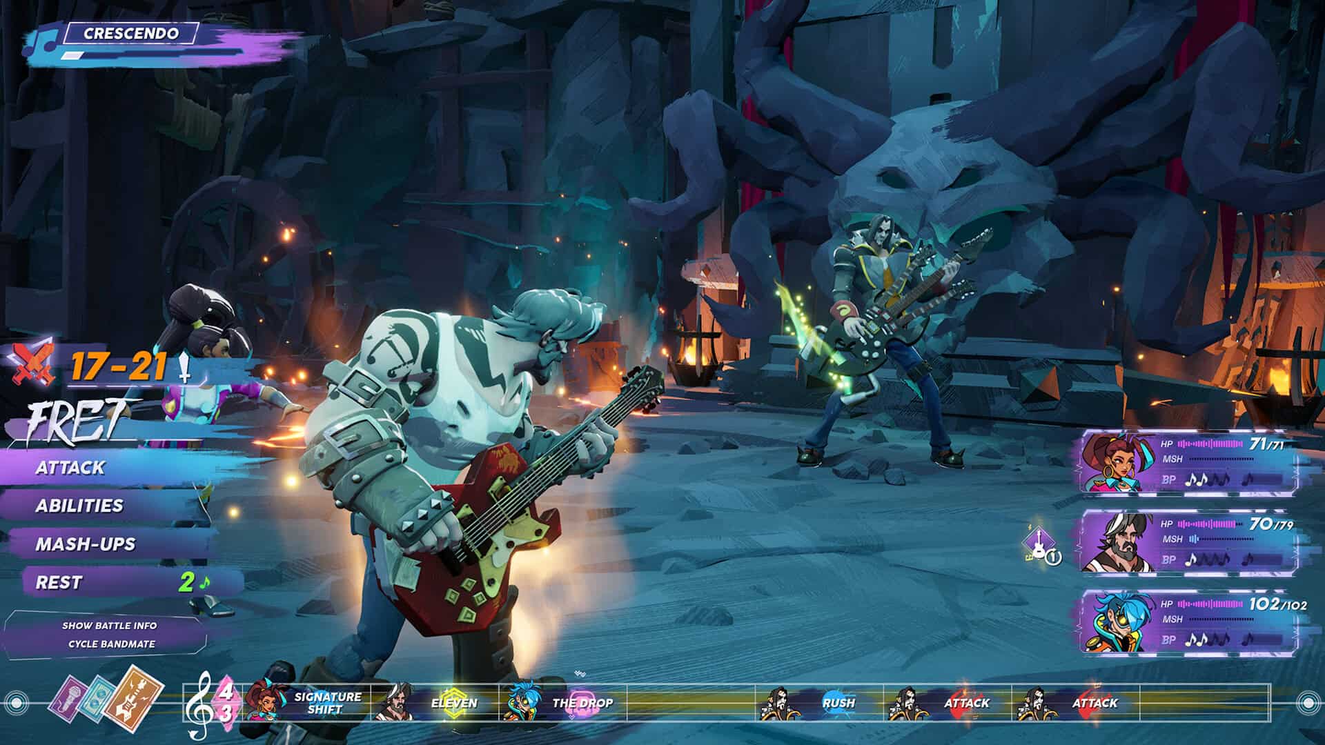 A turn based RPG with a guitarist fighting an enemy.