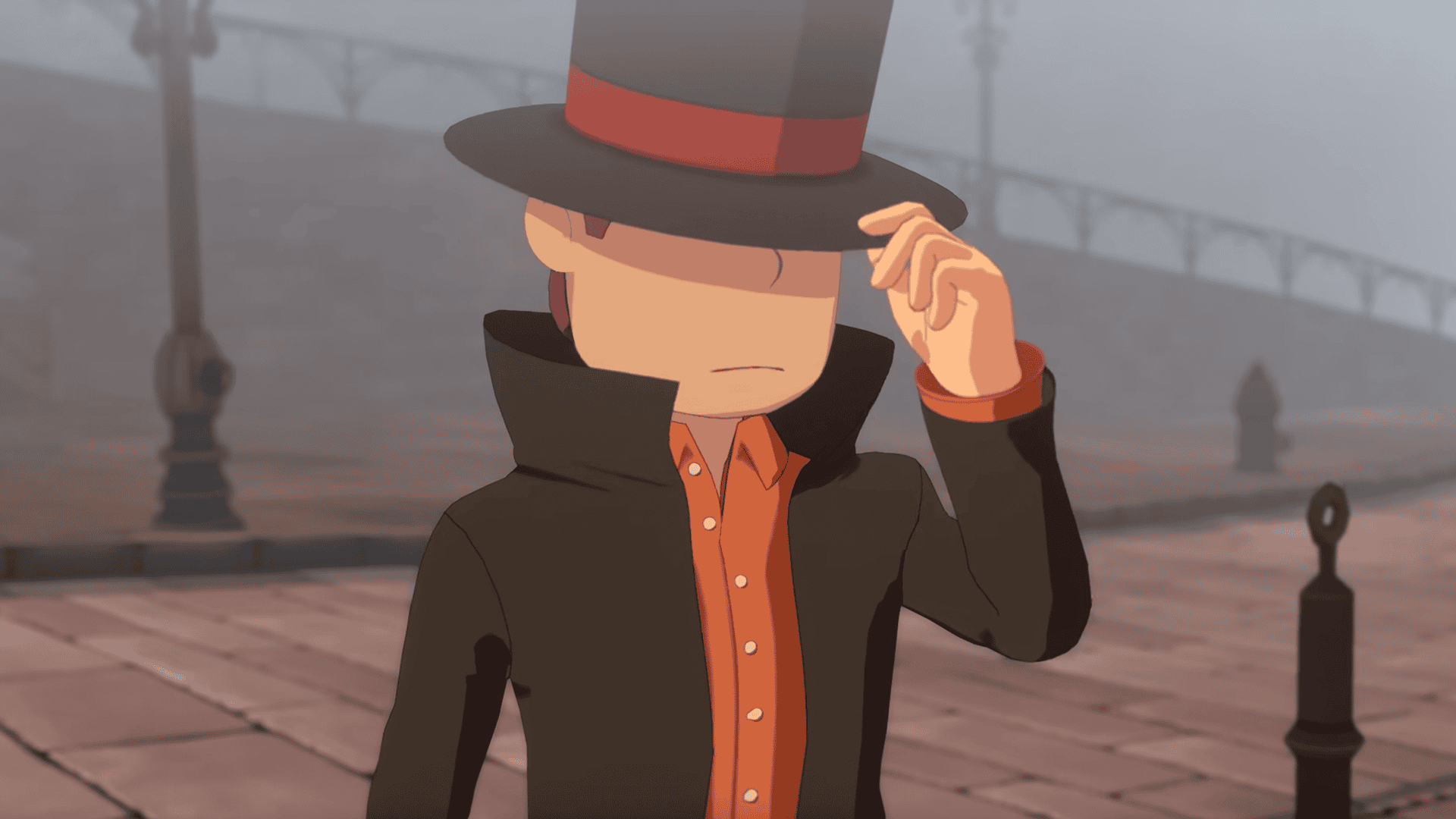Professor Layton tipping his hat with a serious expression