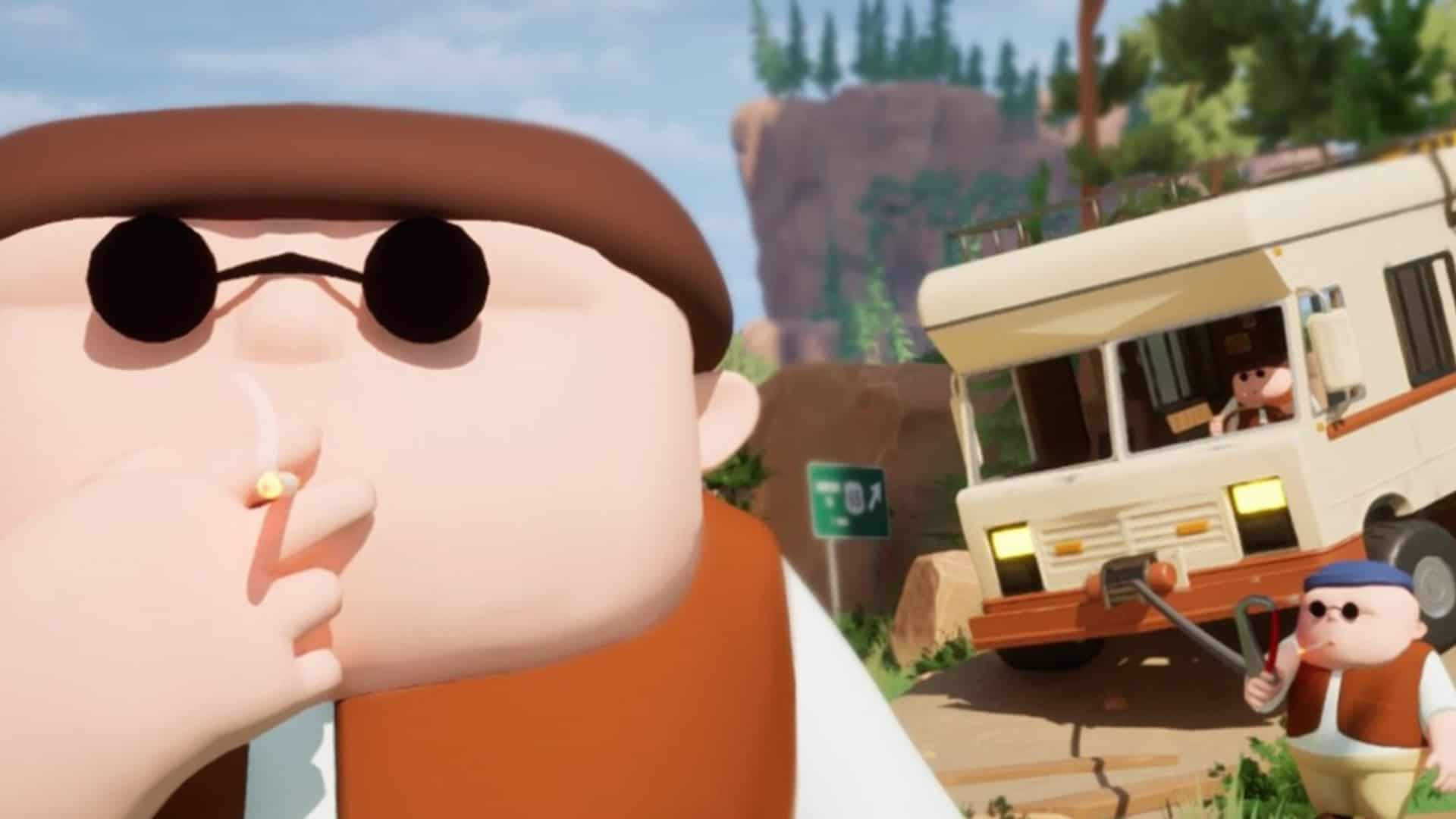 In the foreground, a player character smokes a cigarette. In the background, another player is smoking a cigarette while another sits in a large RV. 