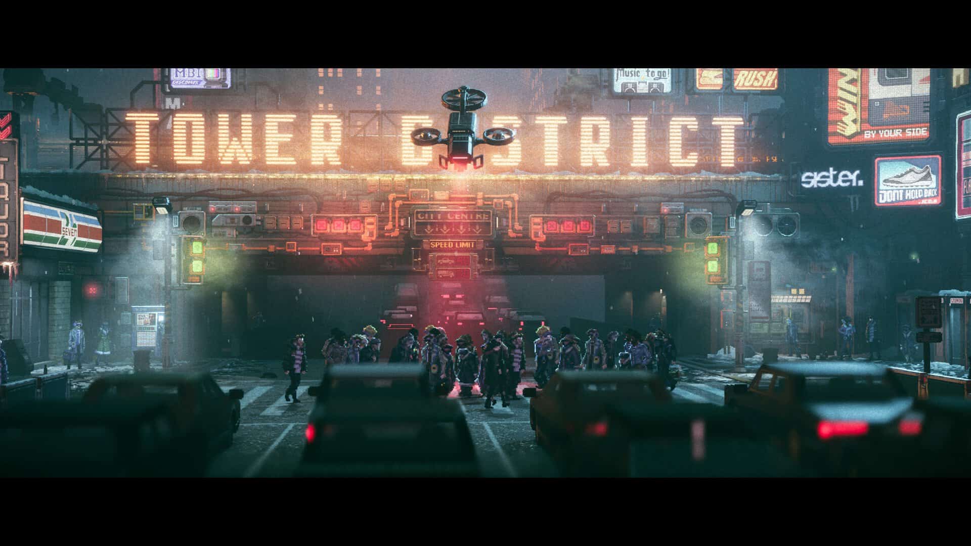 A screenshot of a drone hovering over a crowd in Replaced.