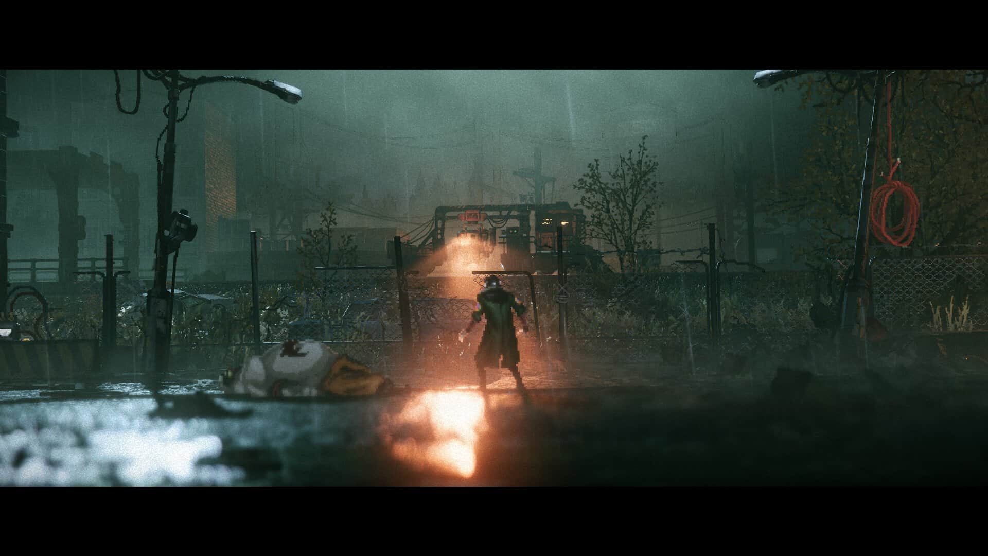 A screenshot of the main character confronting a drone in Replaced.