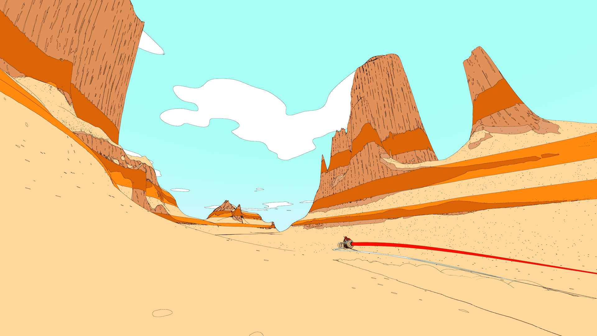 Screenshot from Sable showing Sable on a hoverbike in the desert