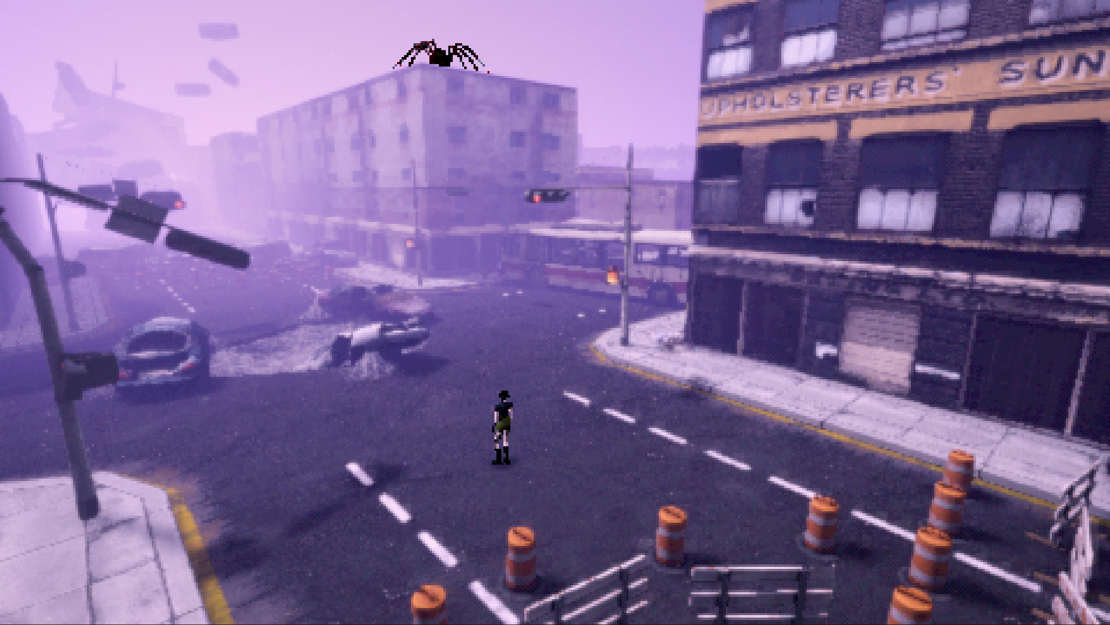 A screenshot of Heartworm, giant spider looming the scenery from atop a building