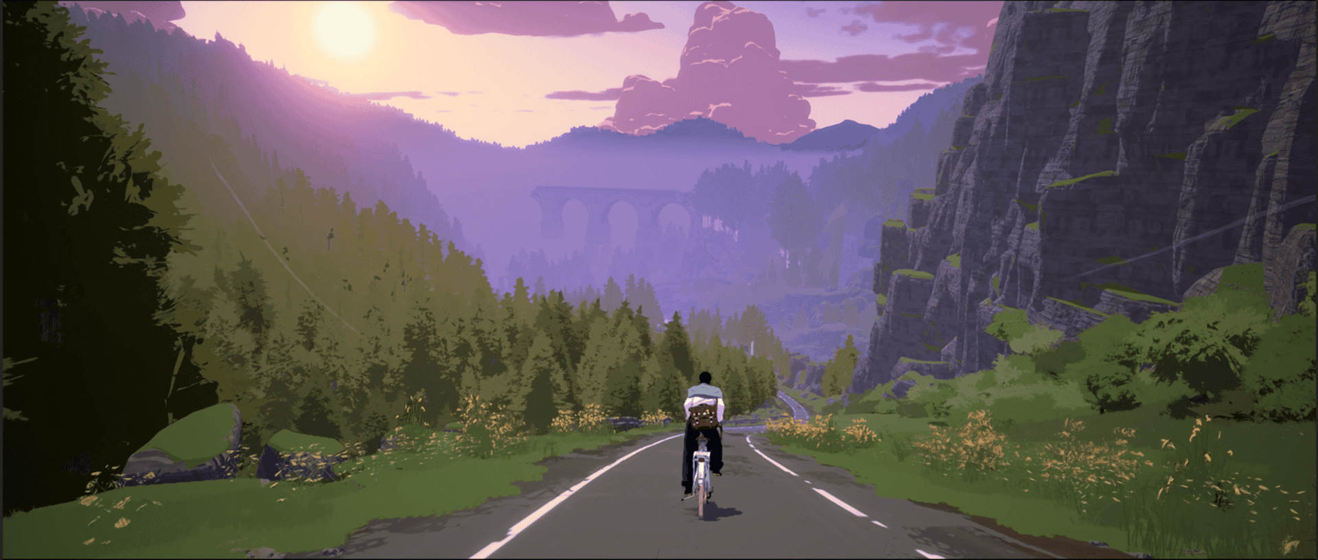 Screenshot from Season: A Letter To The Future showing the main character riding his bike down an empty road