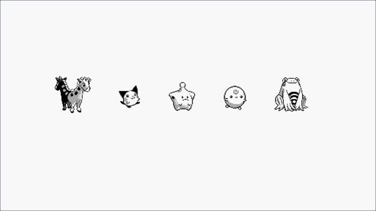 (Left to right) Some early designs for Girafarig, Pichu, Cleffa, Igglybuff, and Politoed.
