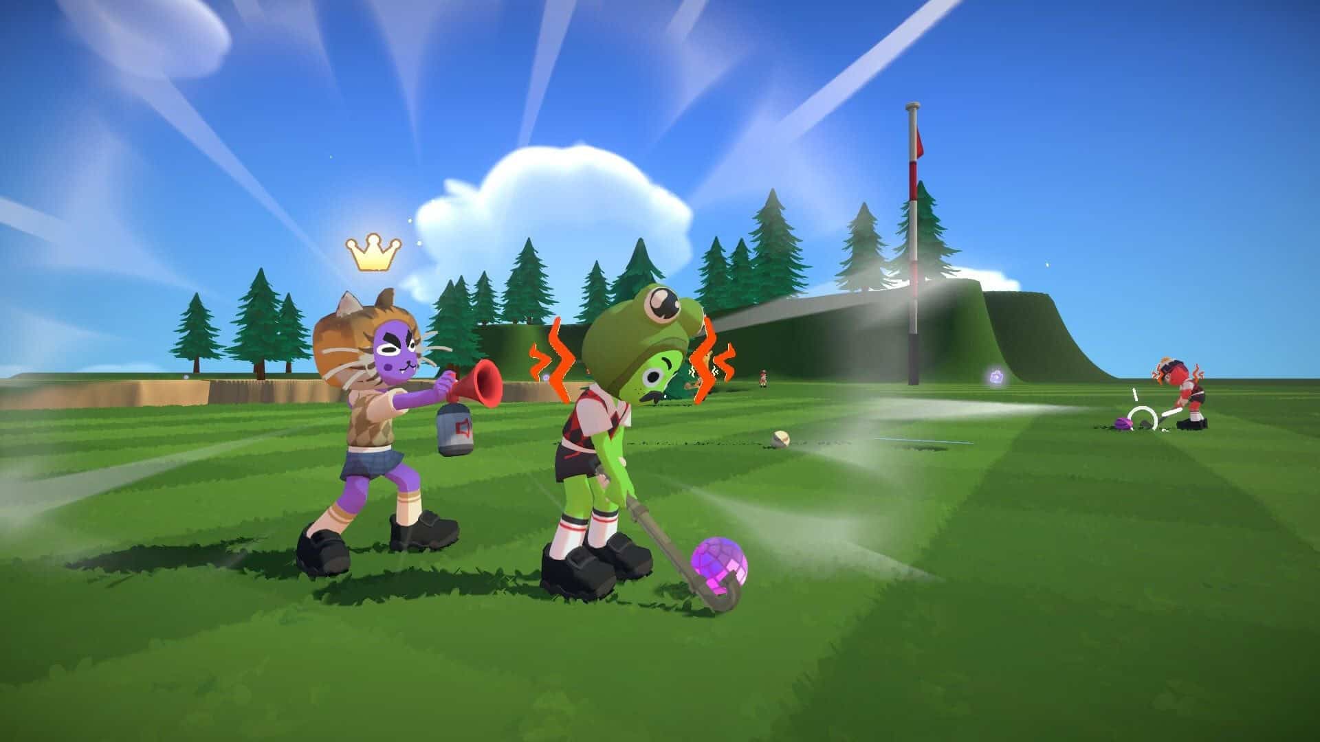 A green player character plays golf while a purple player character behind them tries to distract them with a foghorn. 