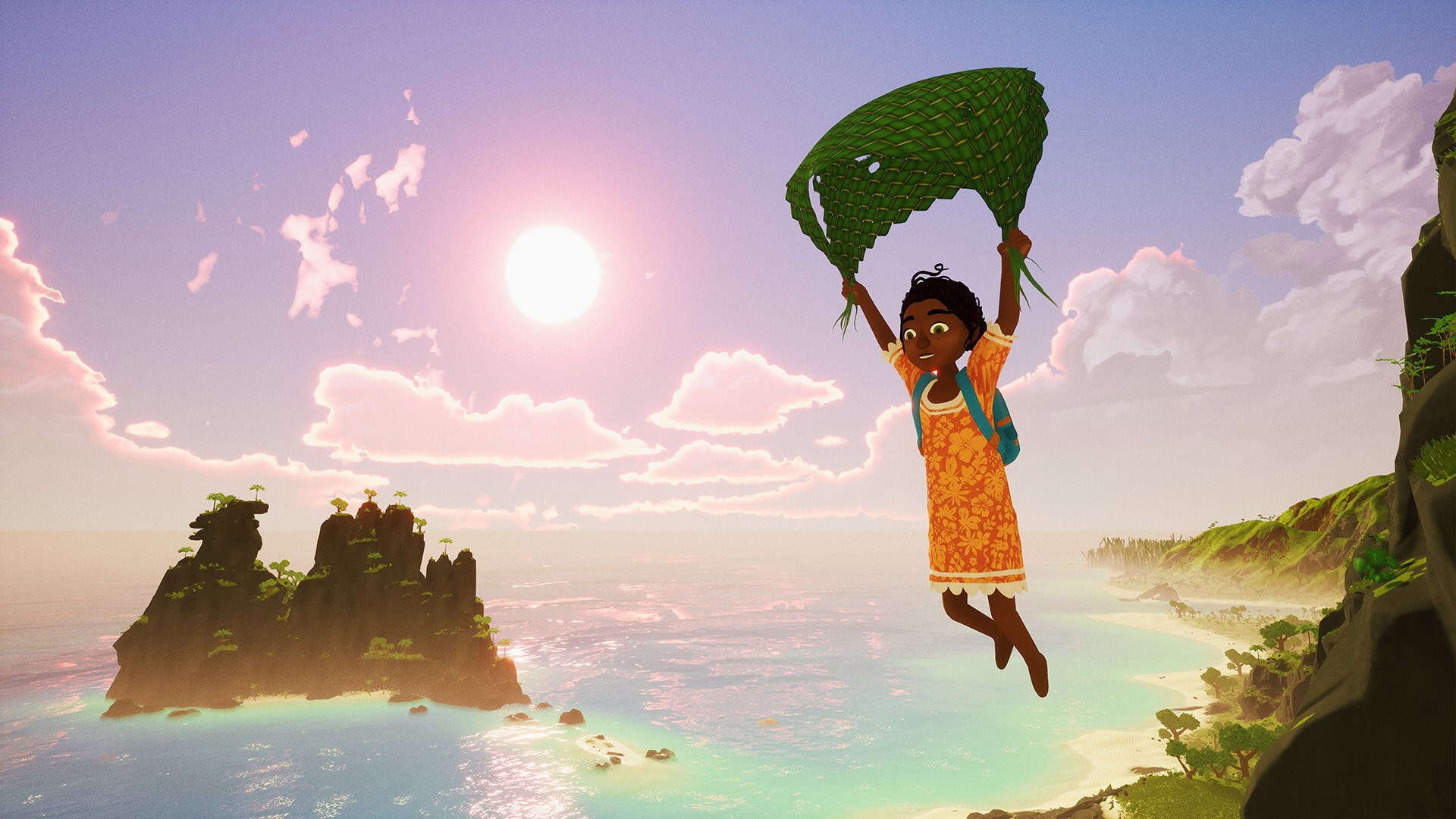 Screenshot from the game Tchia showing Tchia gliding in the air