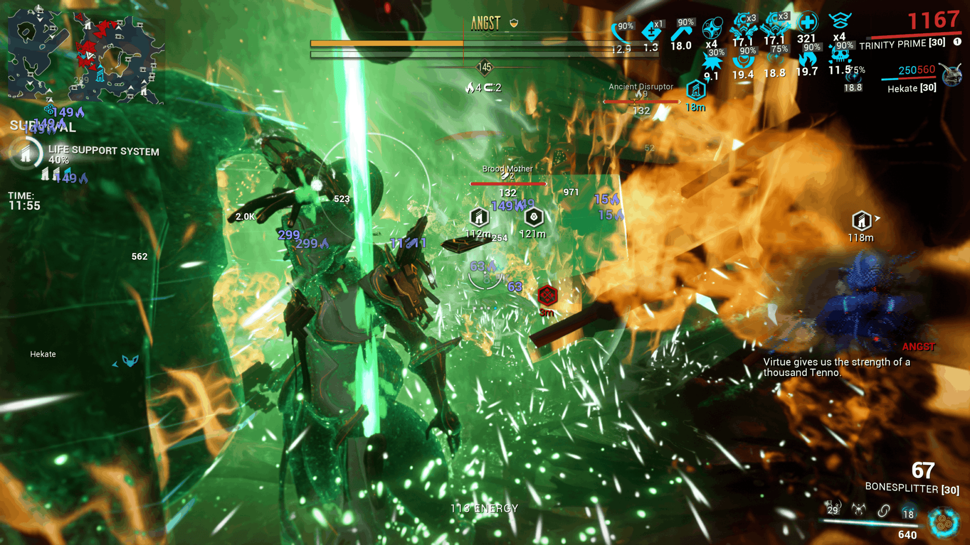 A screenshot of Trinity surrounded by enemies, including a Jade Eximus whose laser is having no effect on Trinity and an Acolyte who is damaging themselves more than her.