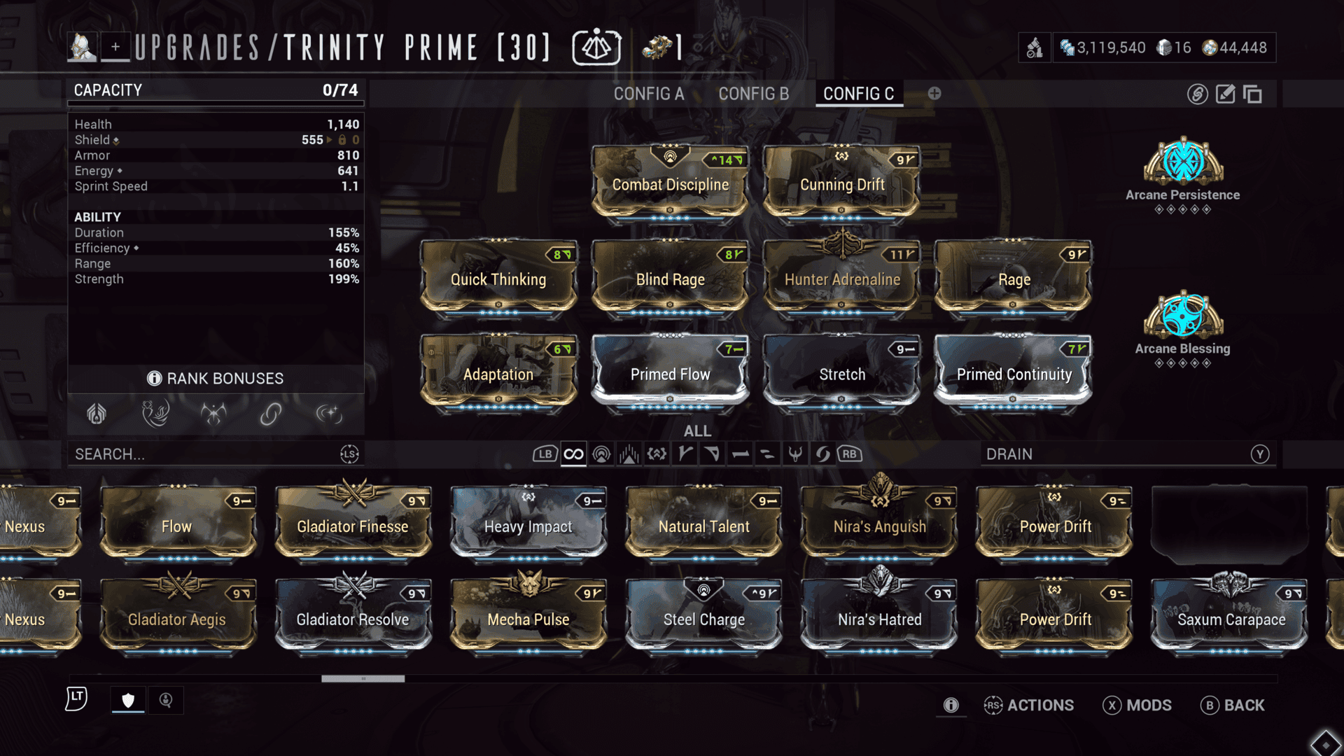 A screenshot of Trinity's mod screen from Warframe.