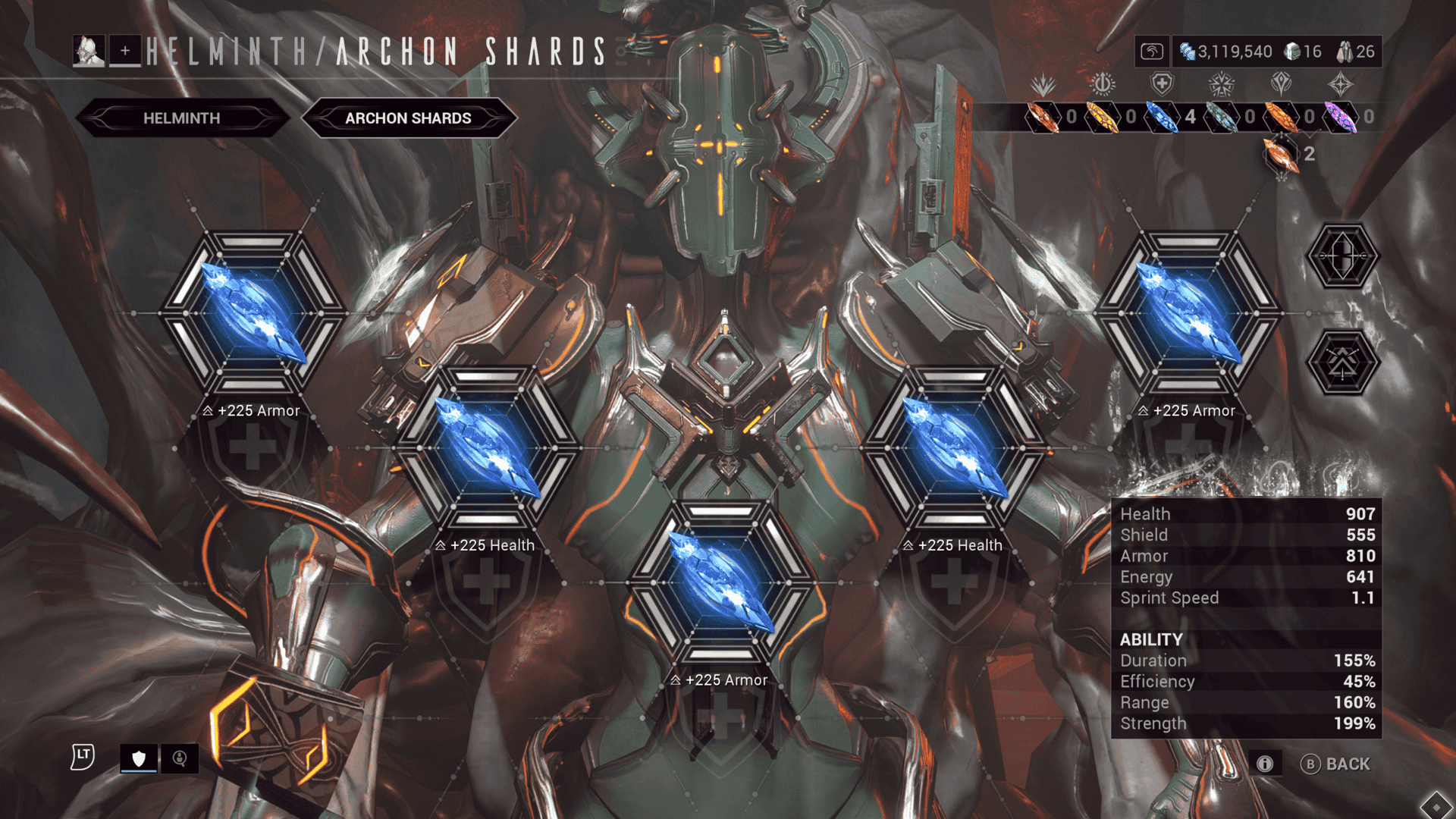 A screenshot of Trinity's archon shards in Warframe, with five tauforged azure shards slotted.
