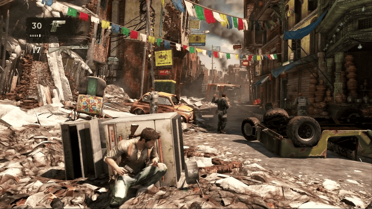 A street stealth/combat section in Uncharted
