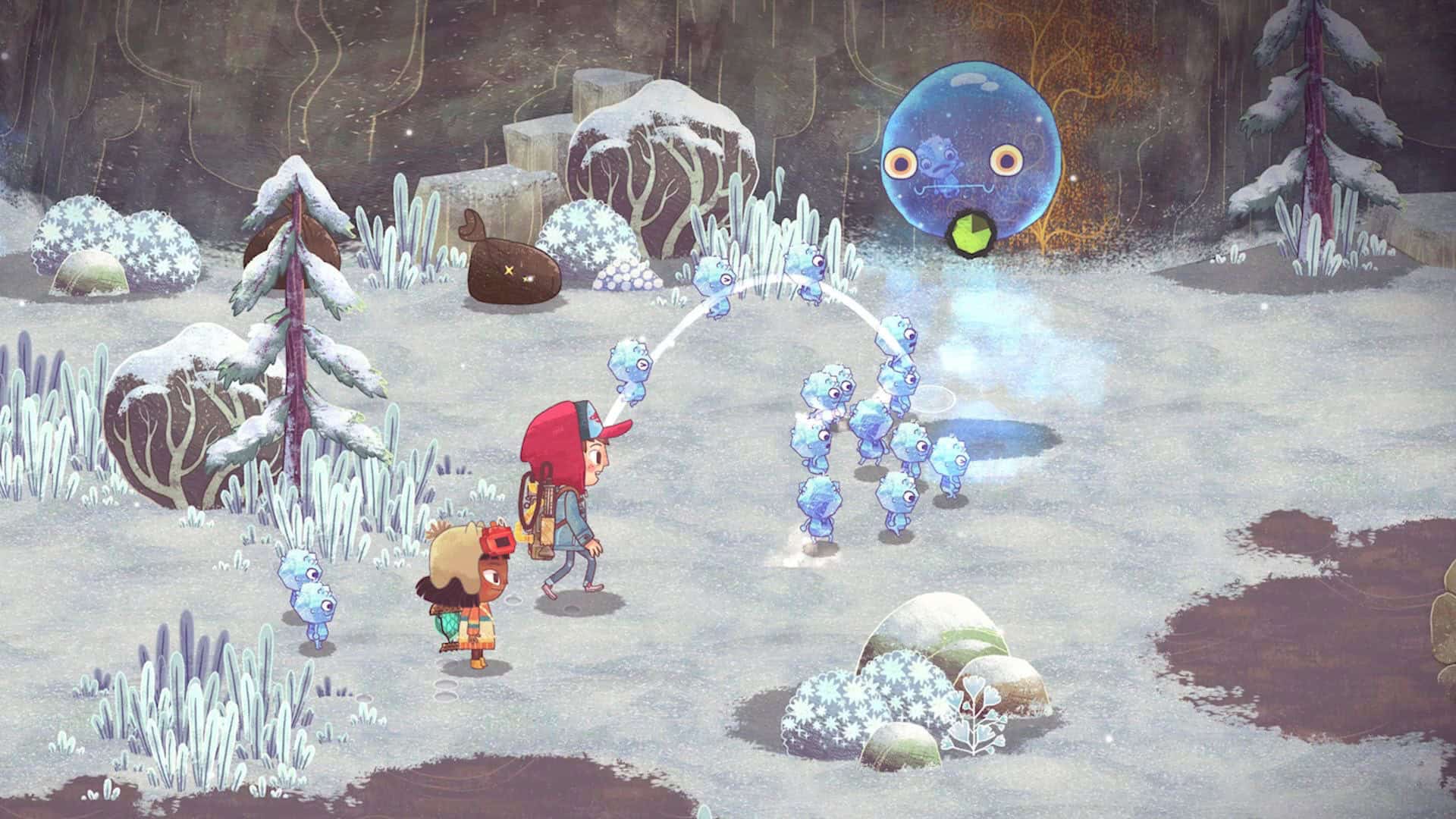 Screenshot from The Wild at Heart showing Wake, Kirby and a group of Shiverlings