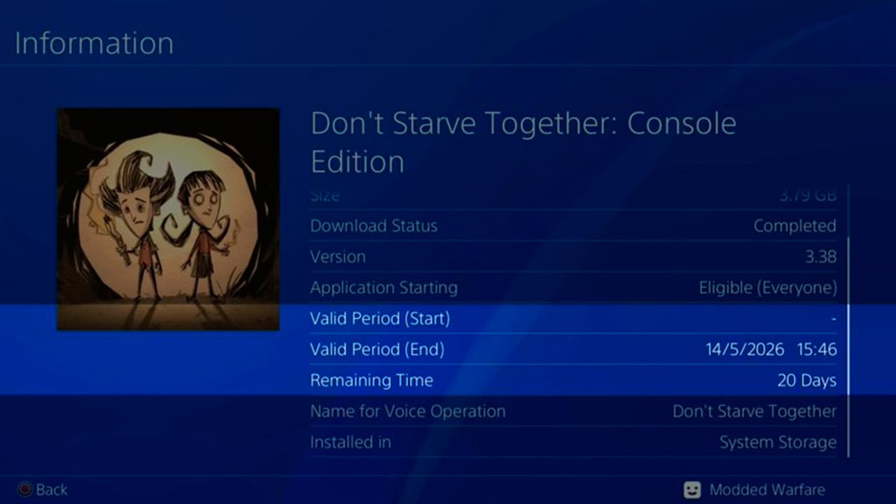 An info screen for Don't Starve Together on PlayStation, highlighting a 'Valid Period' section showing an expiry date and remaining time countdown