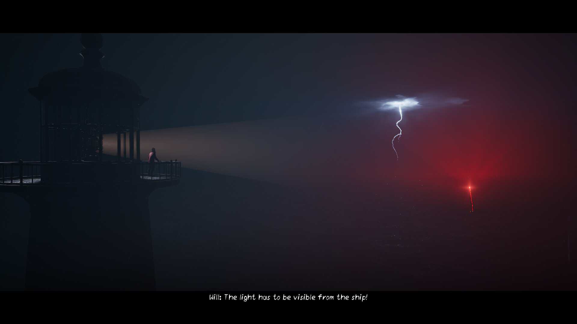 A screenshot of a man on a lighthouse in stormy weather in Will: Follow the Light