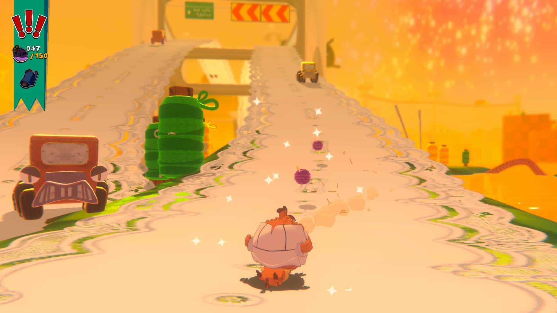 Bubsy in his ball form on a bridge made of cloth