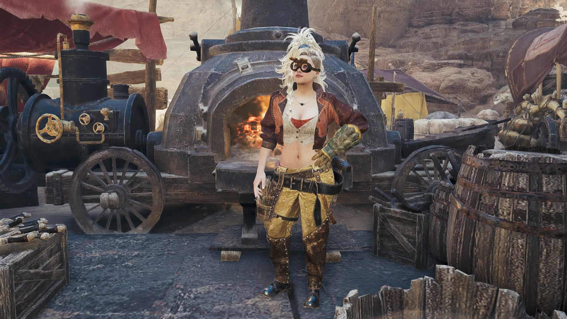 Screenshot from Monster Hunter Wilds of Gemma, the weapon smith, standing in front of the base camp smithy