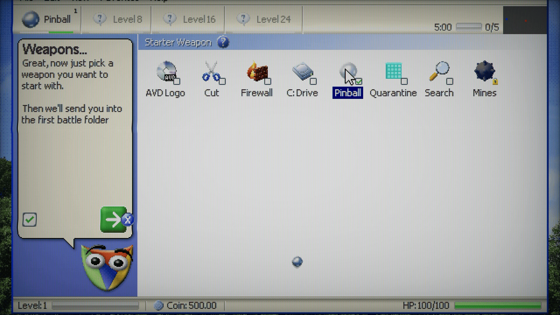 A Windows 2000 style window showing several icons with the header "starter weapon". To the left, an office assistant with a similar design to Clippy shows a speech bubble with the text "Weapons... Great, now just pick a weapon you want to start with. Then we'll send you into the first battle folder." The options for weapon are AVD Logo, Cut, Firewall, C:Drive, Pinball, Quarantine, Search, and Mines. Pinball is currently selected. Stats including HP are shown along the bottom of the screen.