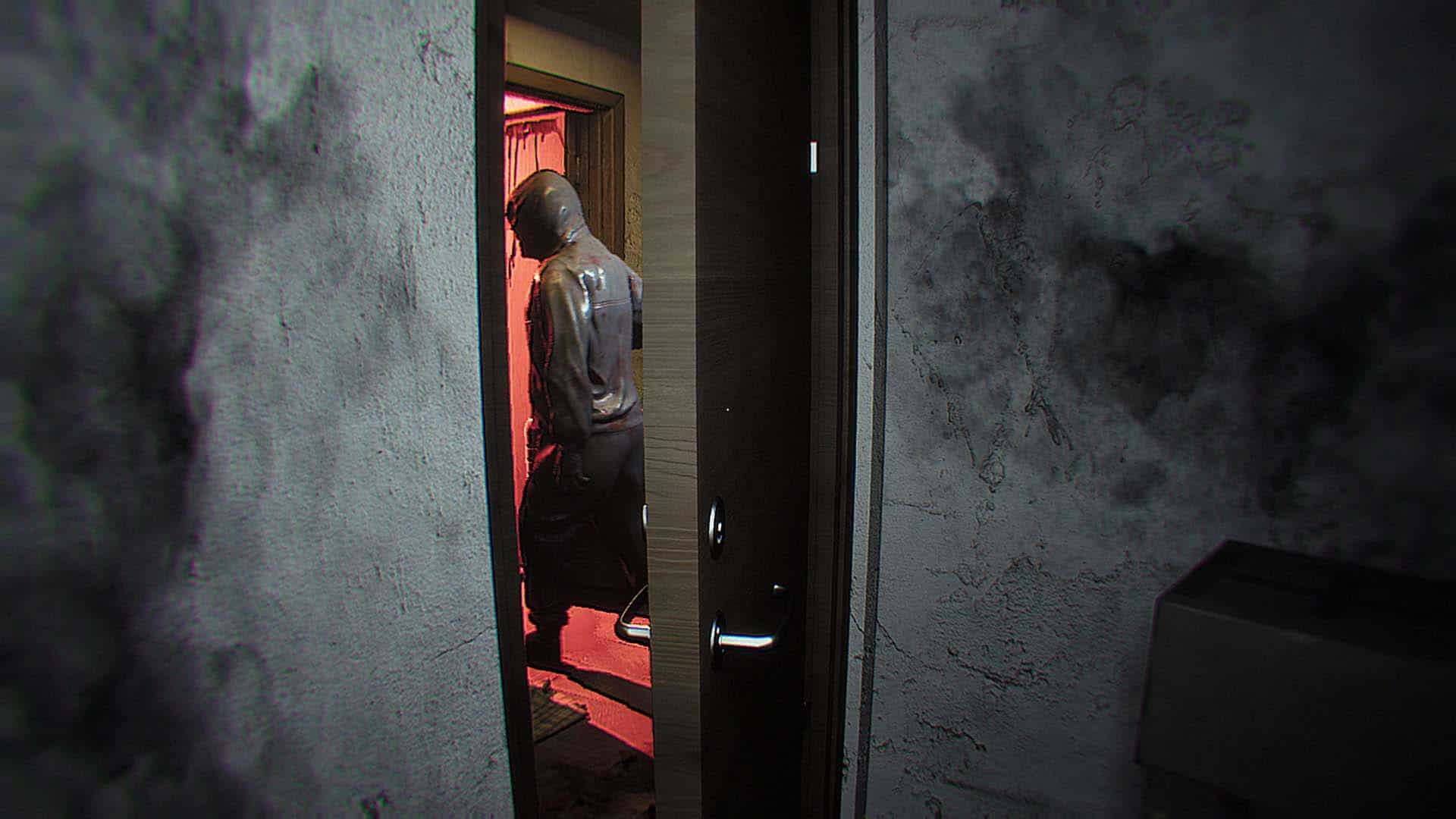 Seeing the stalker through a doorway in Dread Neighbor.