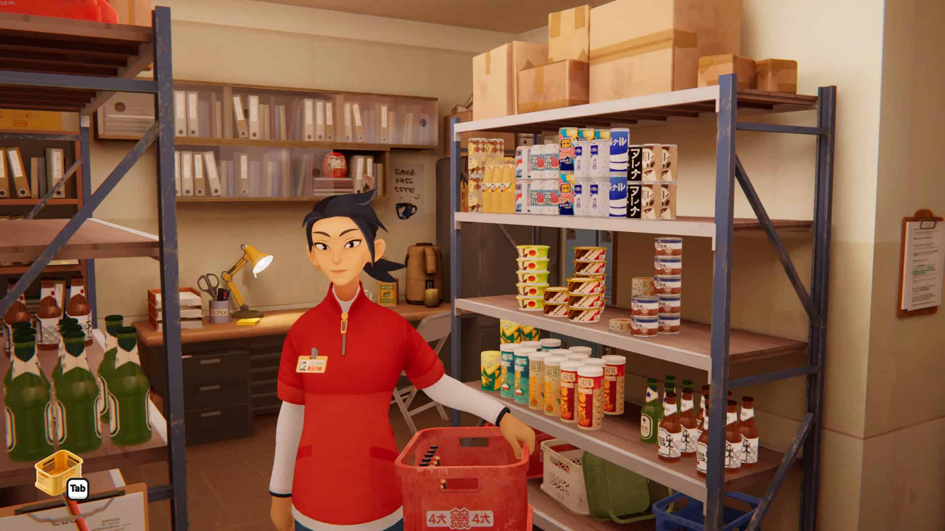The main character in the game stocking up shelves