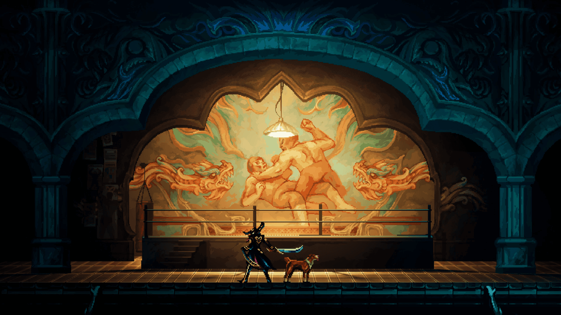 La Sombra and a dog looking at a mural in front of a wrestling ring in Mariachi Legends