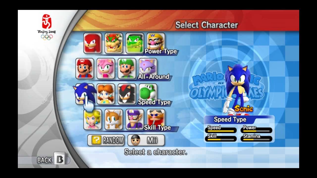 Mario and Sonic Olympic Games character select