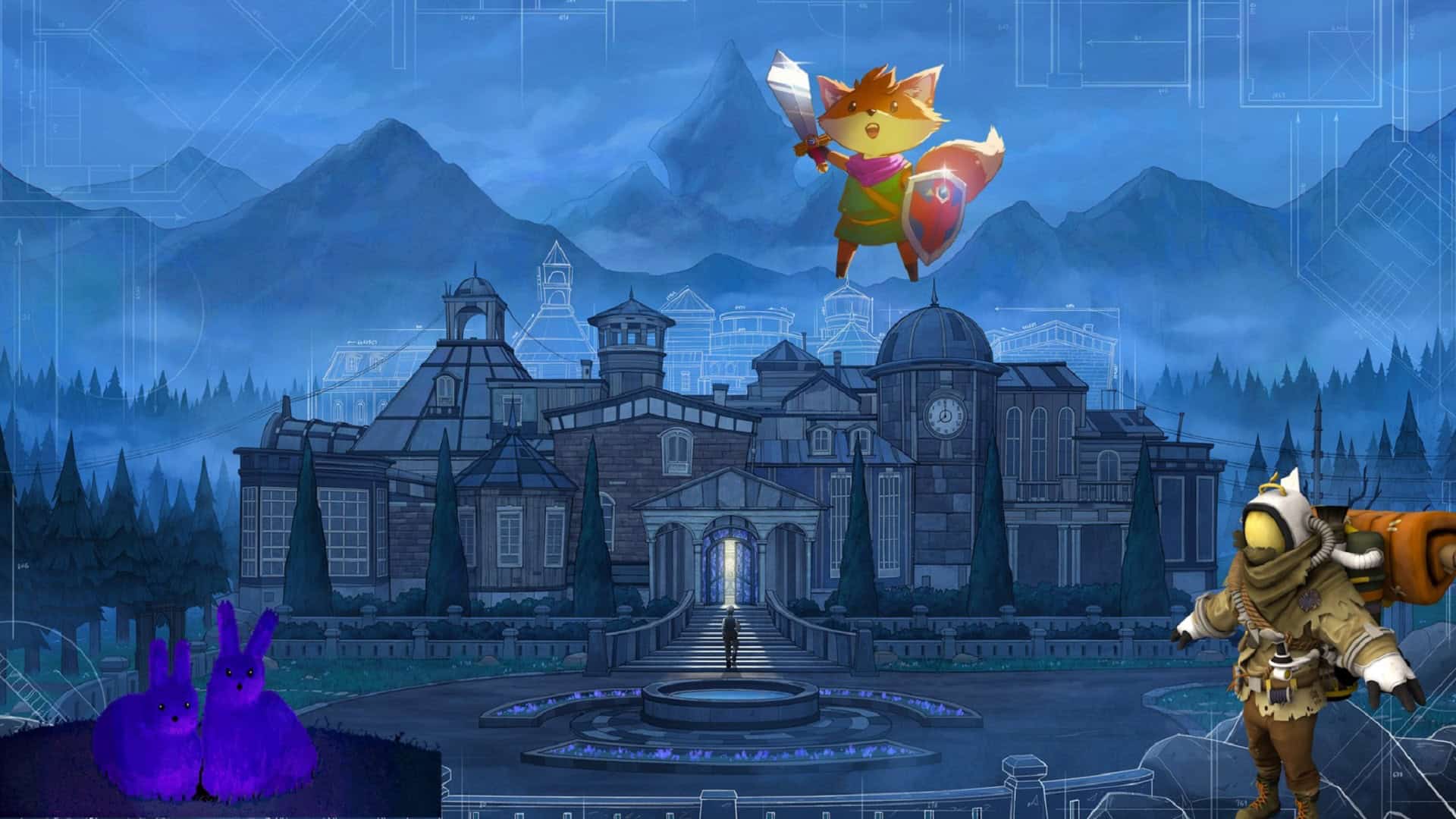 The manor from Blue Prince featuring characters from other mystery games like Outer Wilds, Tunic and Animal Well