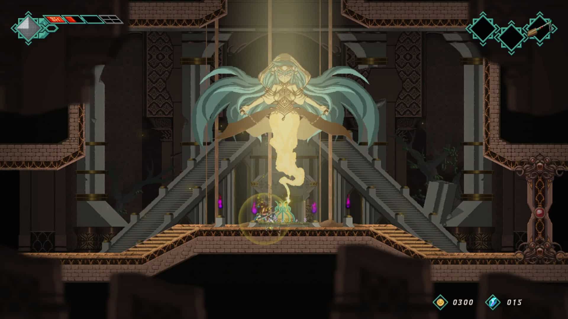 The protagonist of Mira and the Legend of the Djinns near a shrine