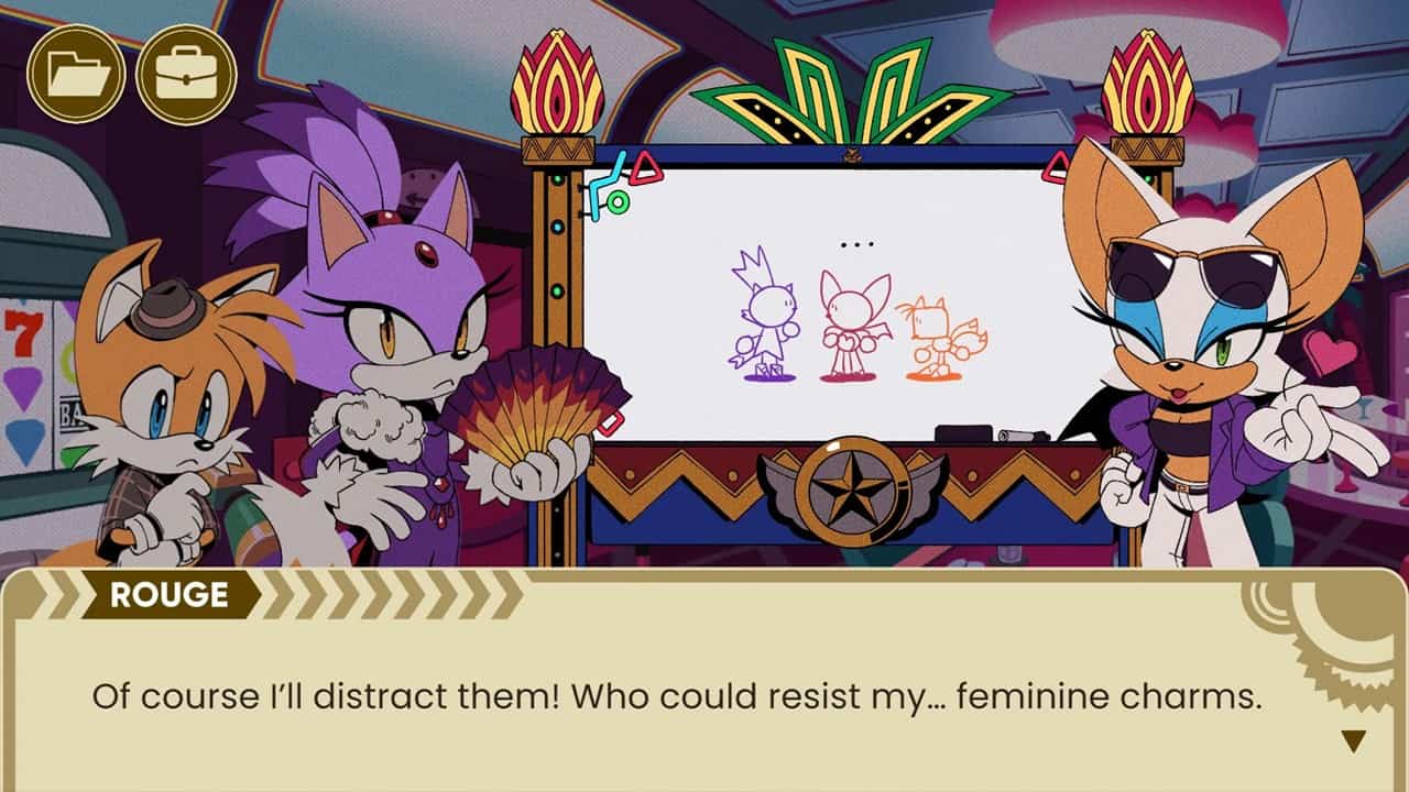 Rouge saying "Of course I'll distract them! Who could resist my... feminine charms."