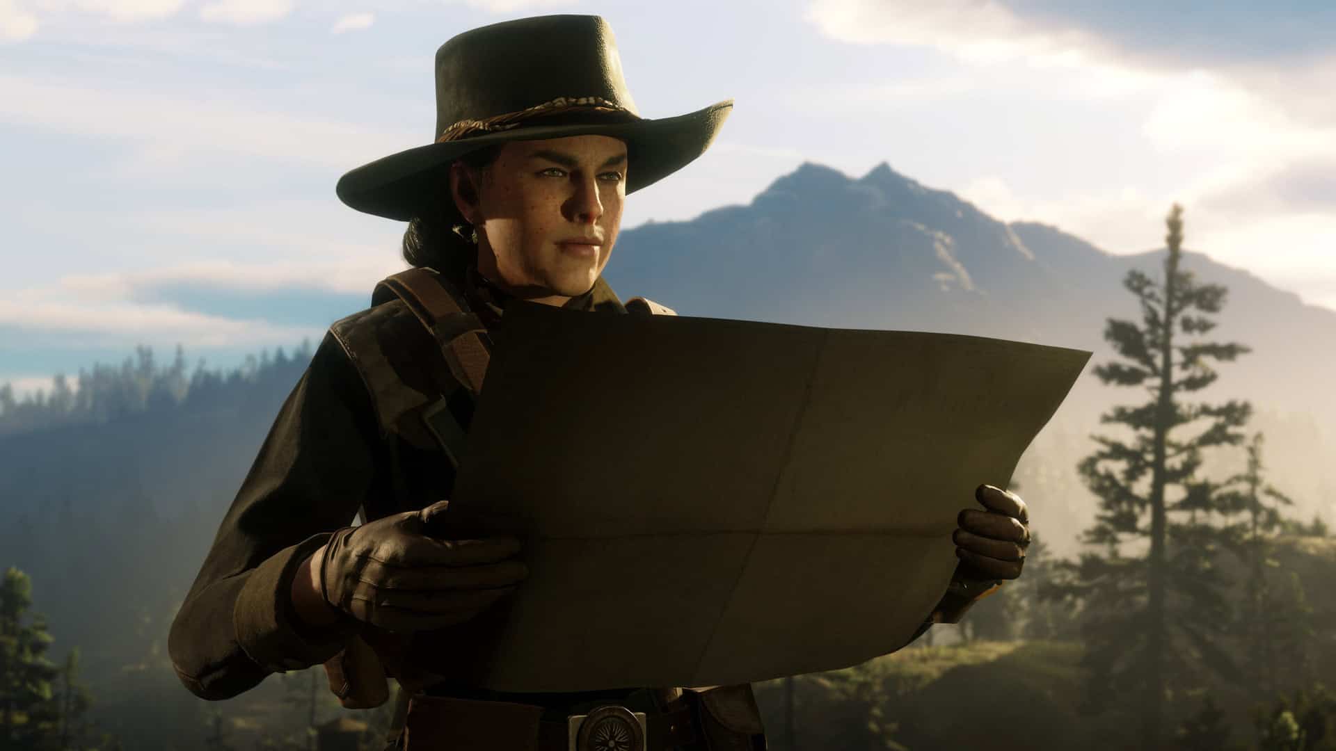Red Dead Online character reading a map