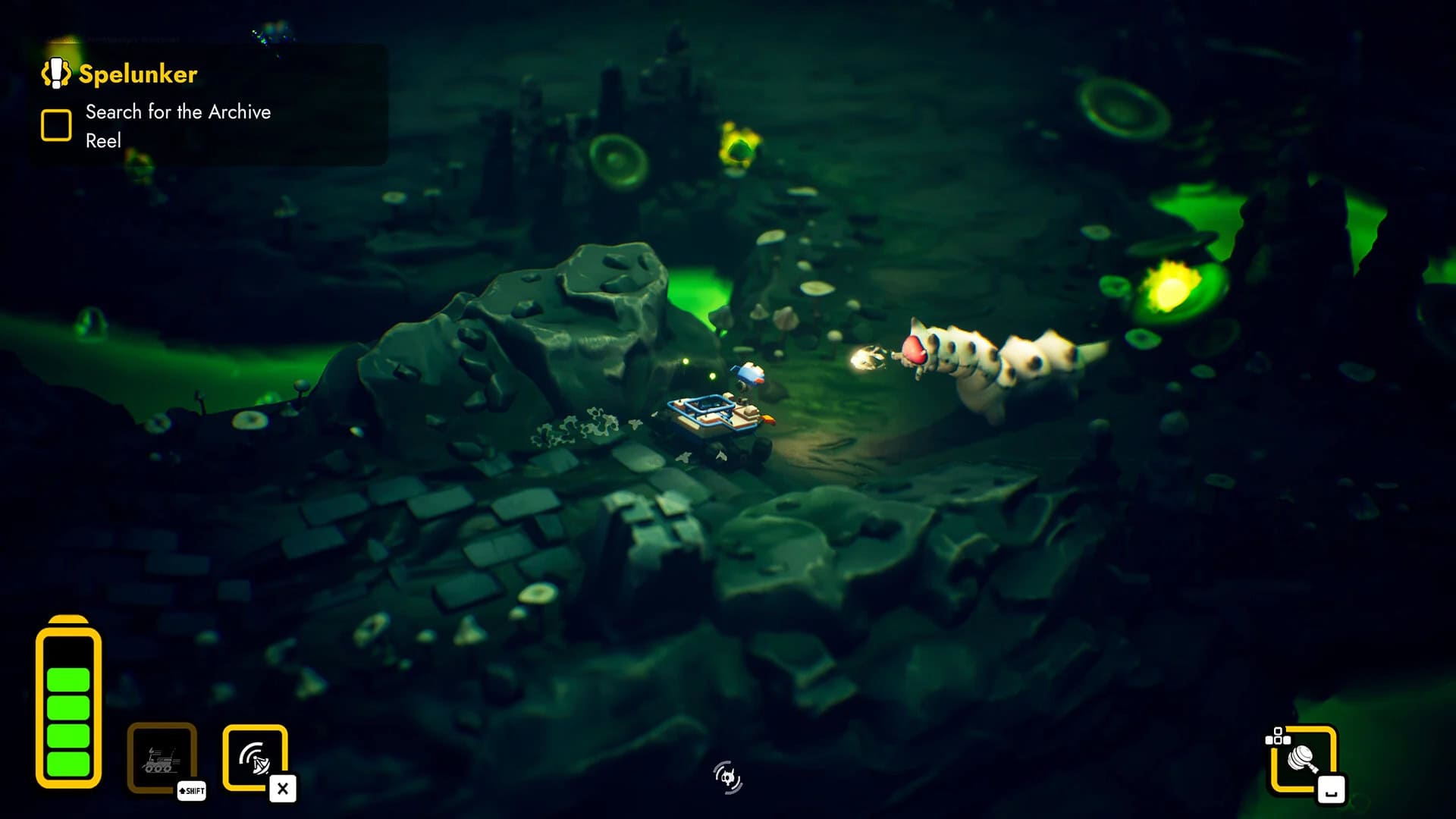 A robot examining a centipede-like alien creature in Rover's Tale