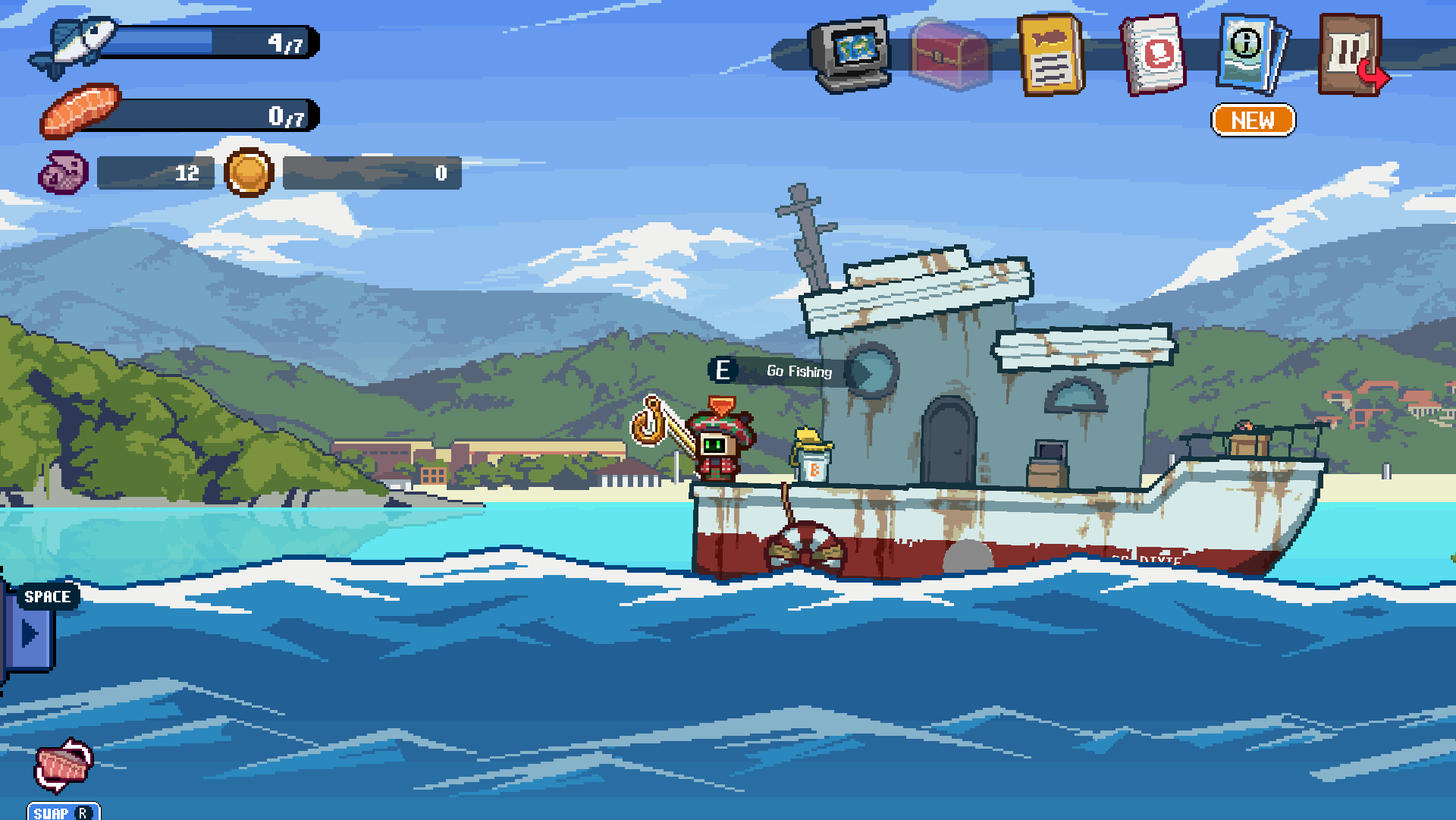A robot fishing on a rusty boat