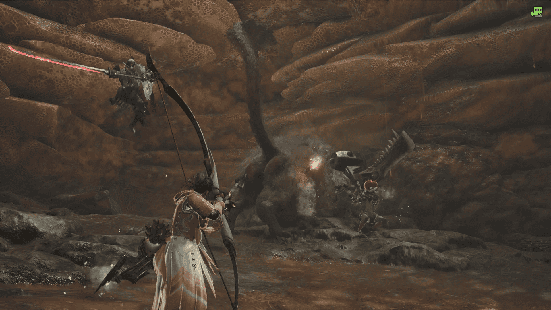 Screenshot from Monster Hunter Wilds of four friends on a hunt, each wielding different weapons. Their target is a Congalala, a pink, monkey-like monster.