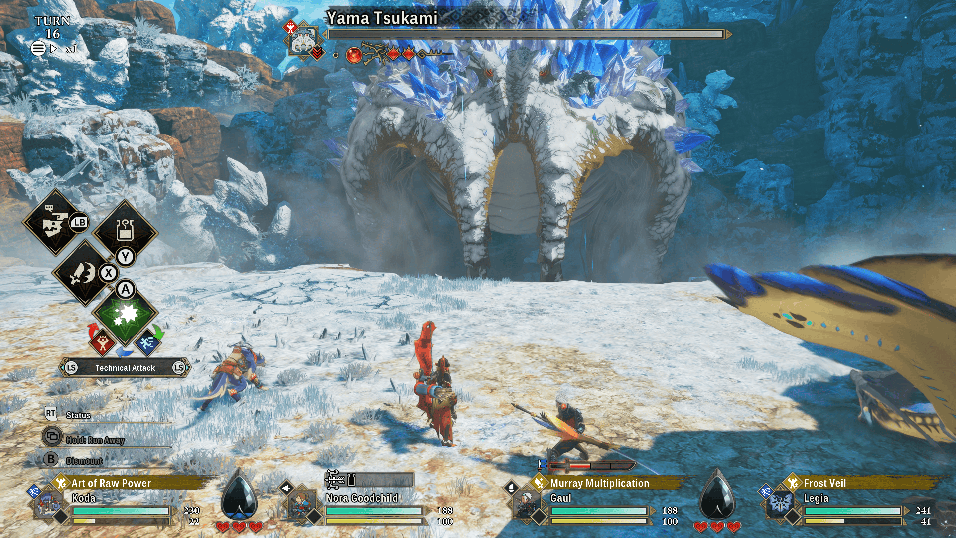 Screenshot from Monster Hunter Stories 3 showing the first phase of Yama Tsukami's boss fight.