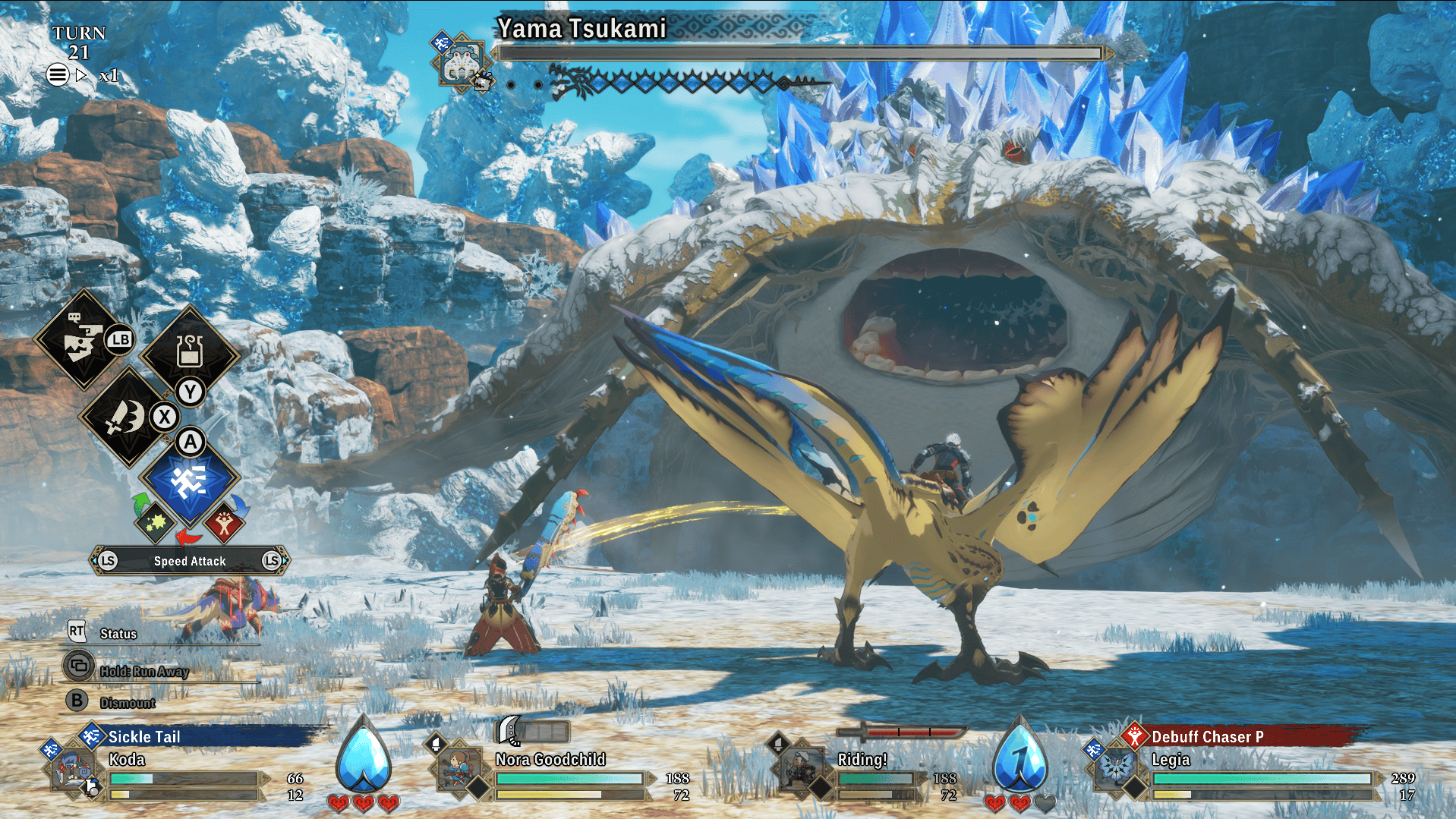 Screenshot from Monster Hunter Stories 3 showing Yama Tsukami's second phase where it opens its mouth.