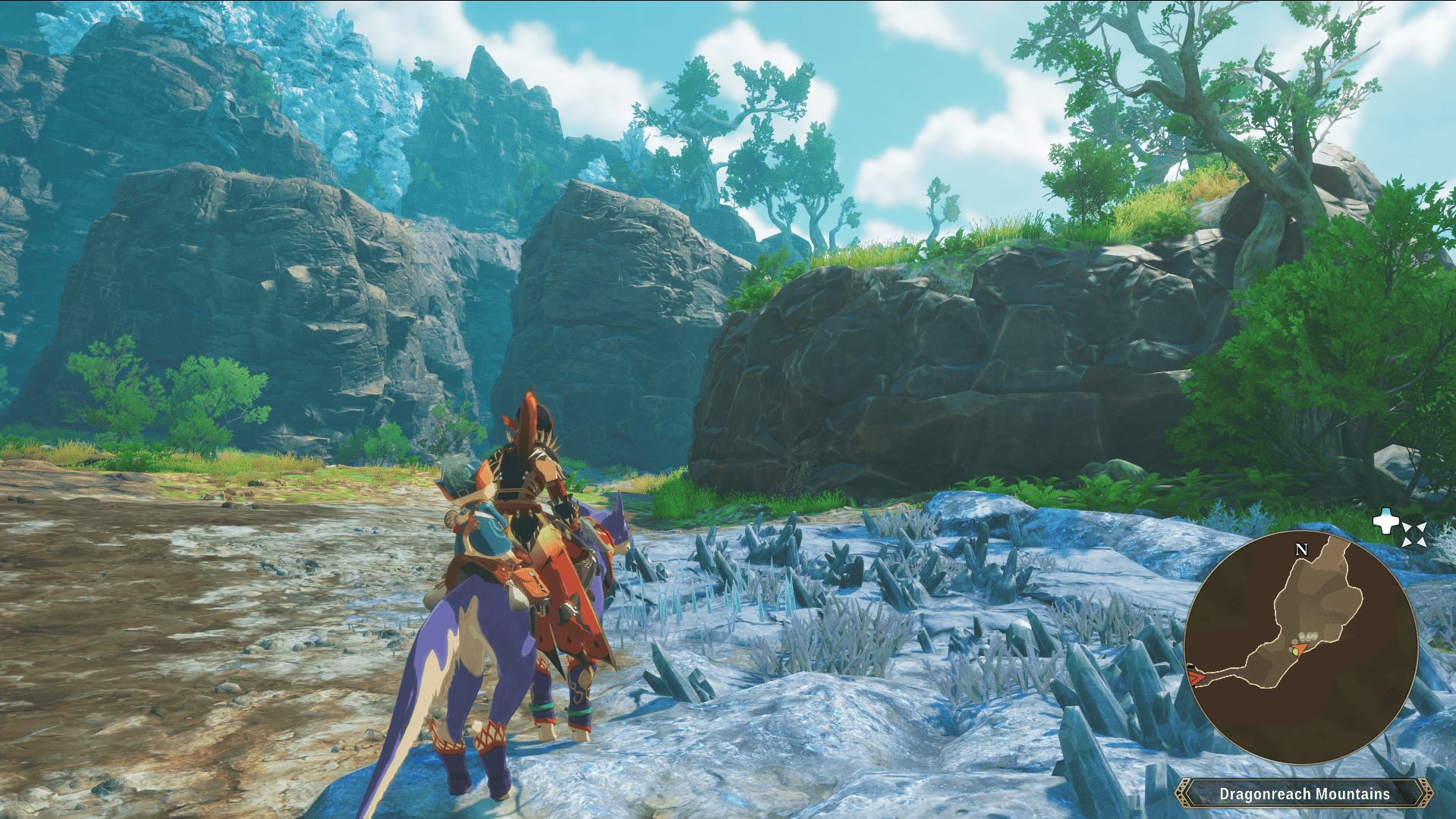 Screenshot from Monster Hunter Stories 3 showing the platforming path at the start of the Dragonreach Mountains path.