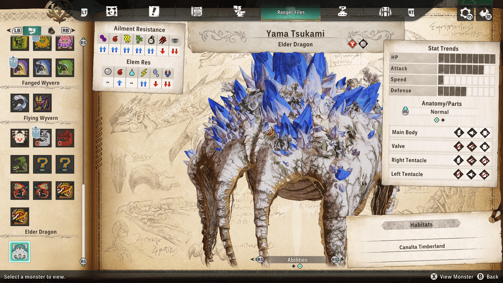 Screenshot from Monster Hunter Stories 3 of the bestiary page for Yama Tsukami, detailing its resistances and weaknesses.
