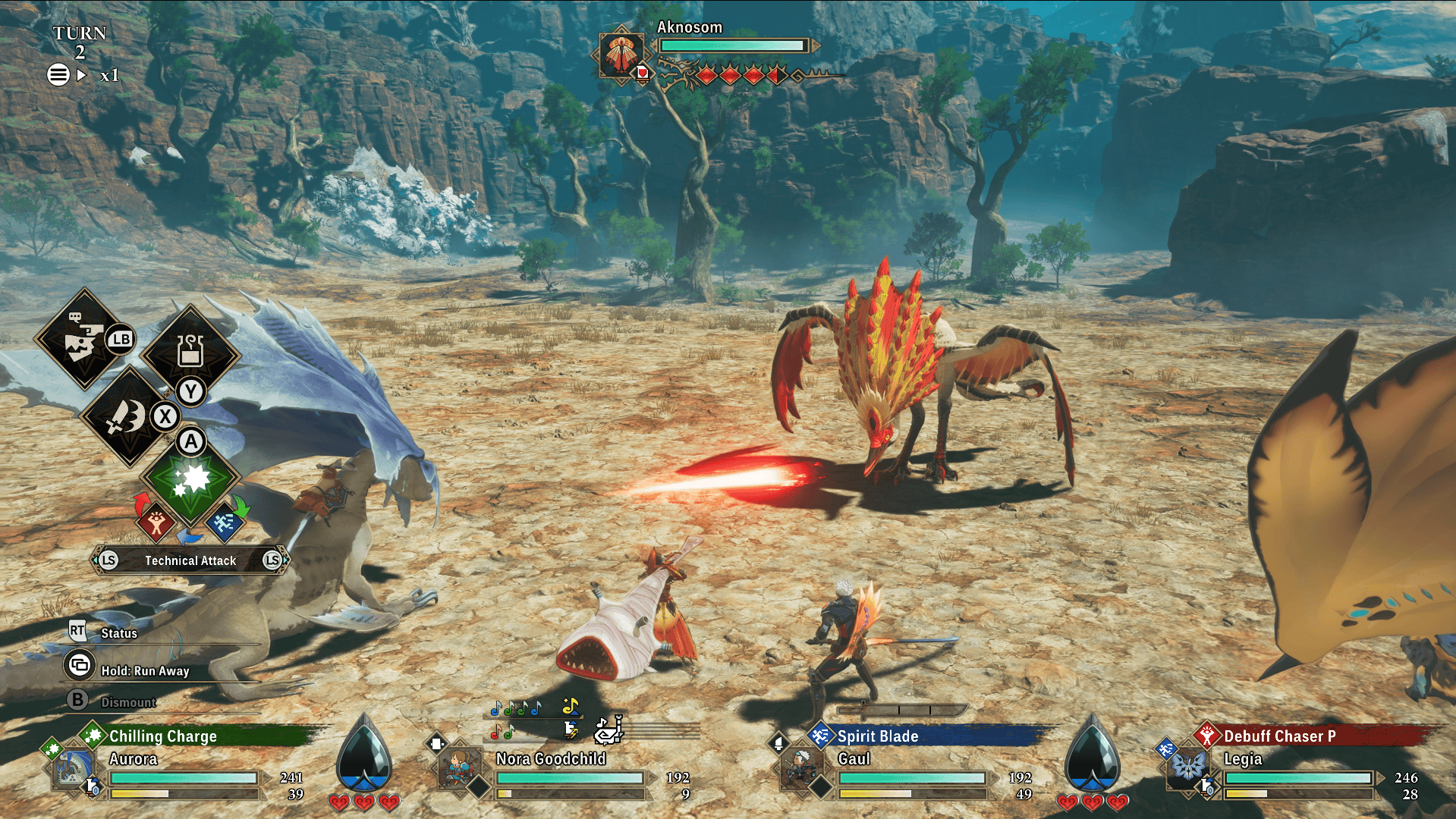 Screenshot from Monster Hunter Stories 3 showing a battle between the leviathan monstie, Aurora Somnacanth, and the wild bird wyvern, Aknosom.
