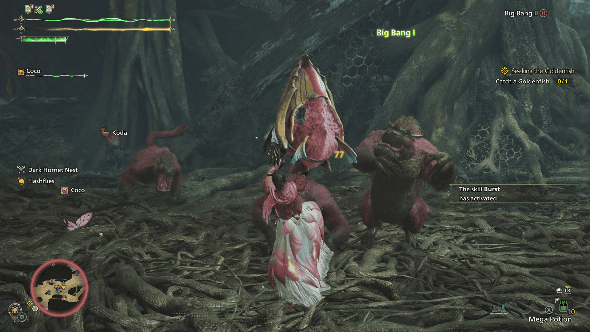 Screenshot from Monster Hunter Wilds of a female hunter attacking a group of Congas, small pink monkeys, with a large hammer