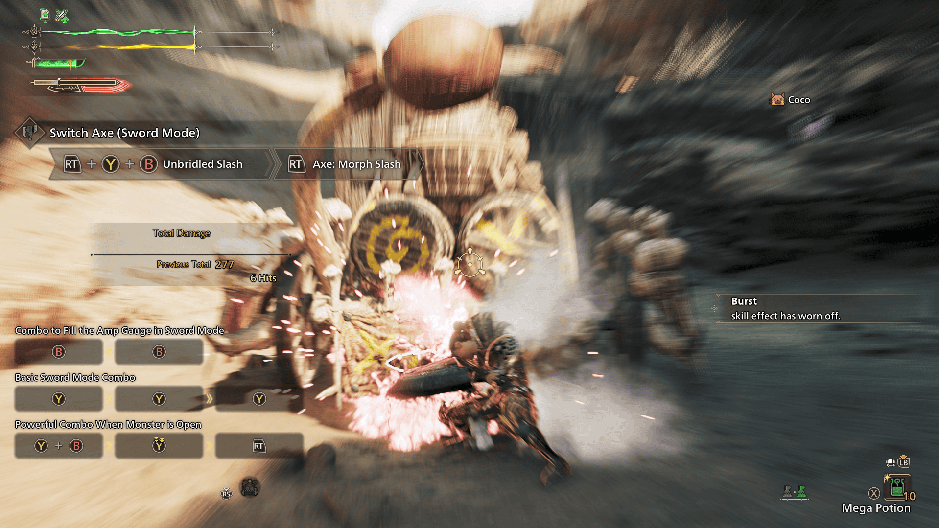 Screenshot from Monster Hunter wilds of a female hunter clad in golden armor attacking a large training dummy with a switch axe
