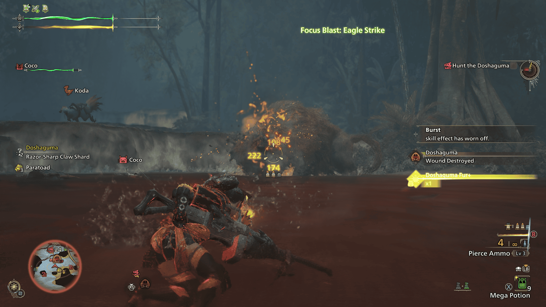 Screenshot from Monster Hunter Wilds of a female hunter firing on a Doshaguma - a bear-like monster - with a light bowgun