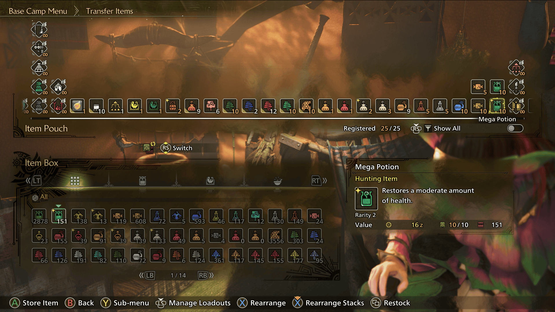 Screenshot of the item box and item pouch menu in Monster Hunter Wilds
