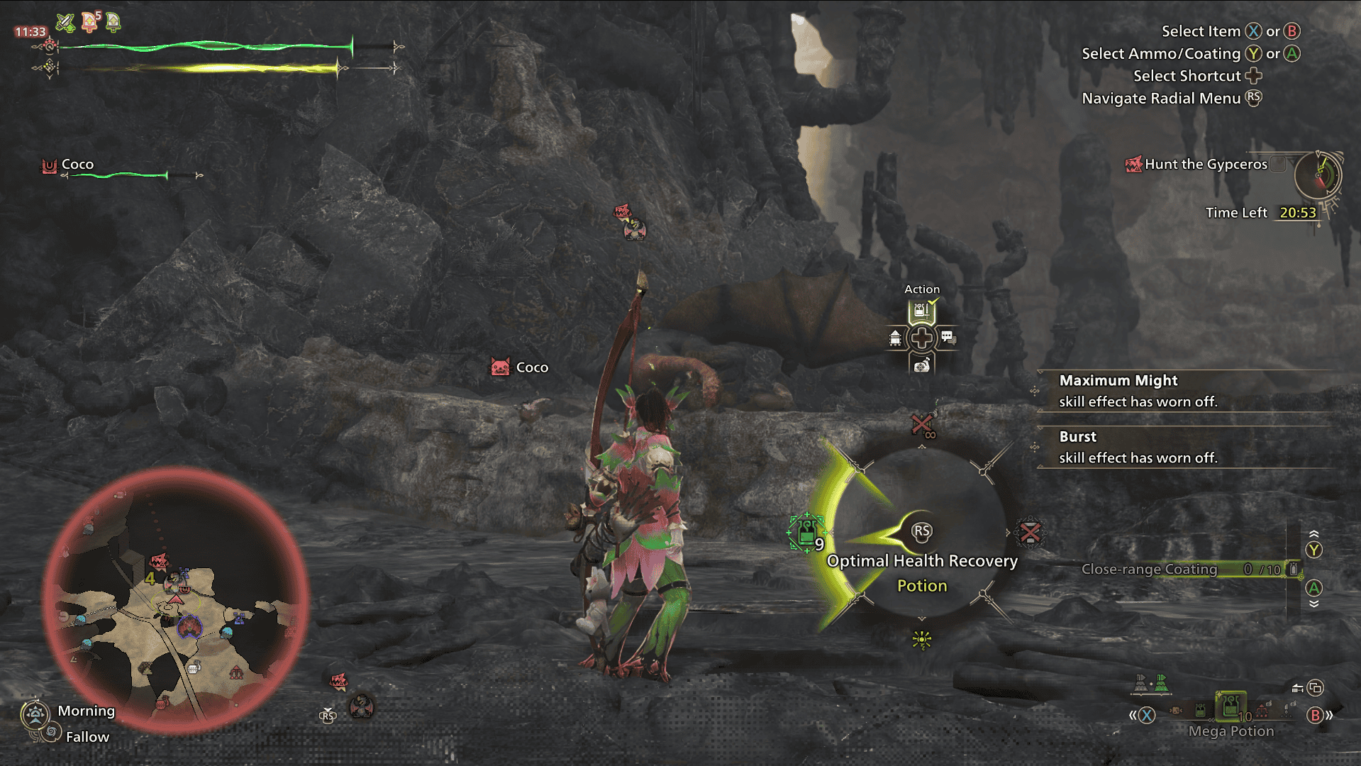 Screenshot from Monster Hunter Wilds showing a player using their radial menu to select their Optimal Health Recovery