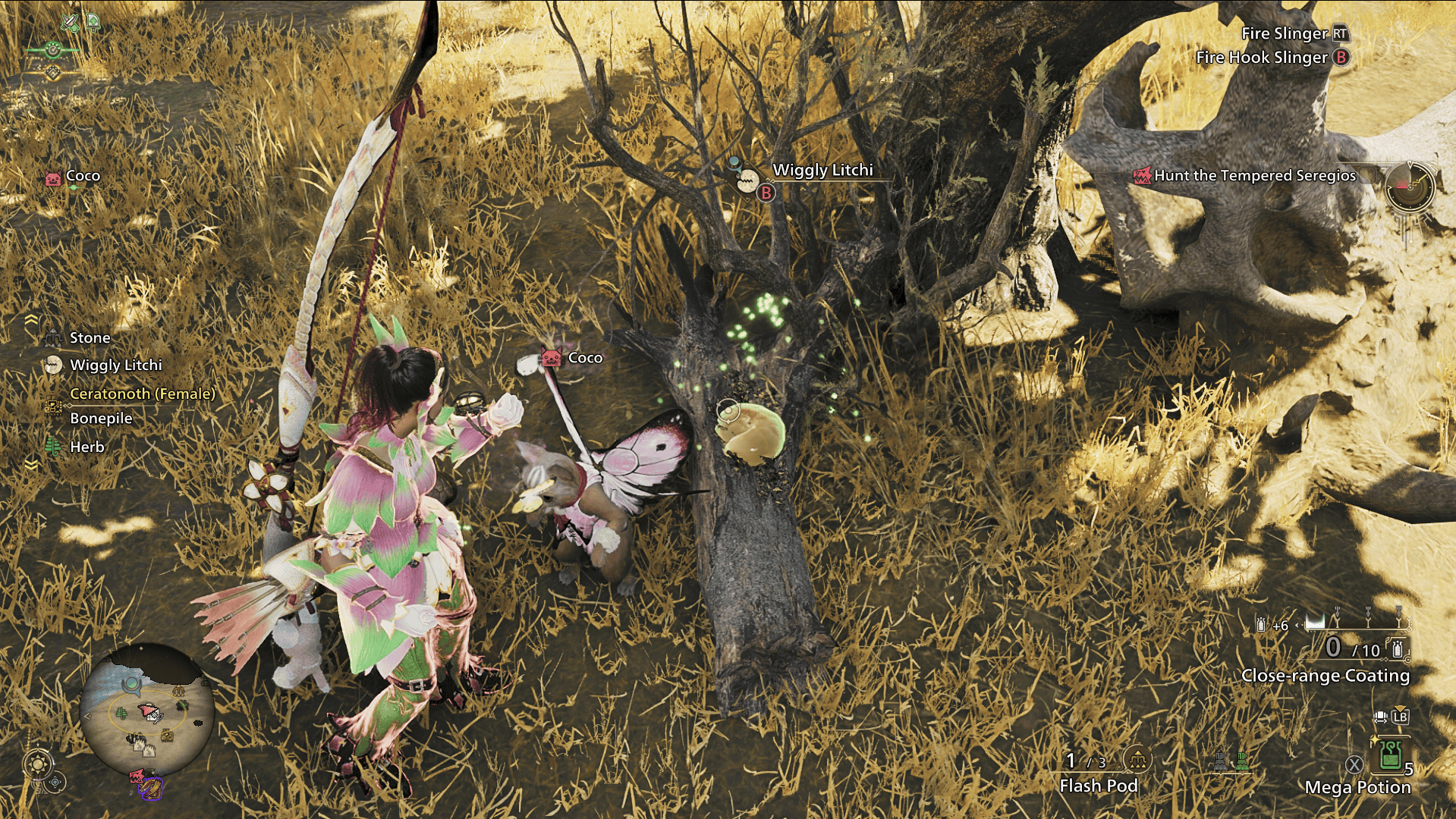 Screenshot from Monster Hunter Wilds of a female hunter with a bow and her Palico cat companion standing over a large grub on a log, labelled as a Wiggly Litchi