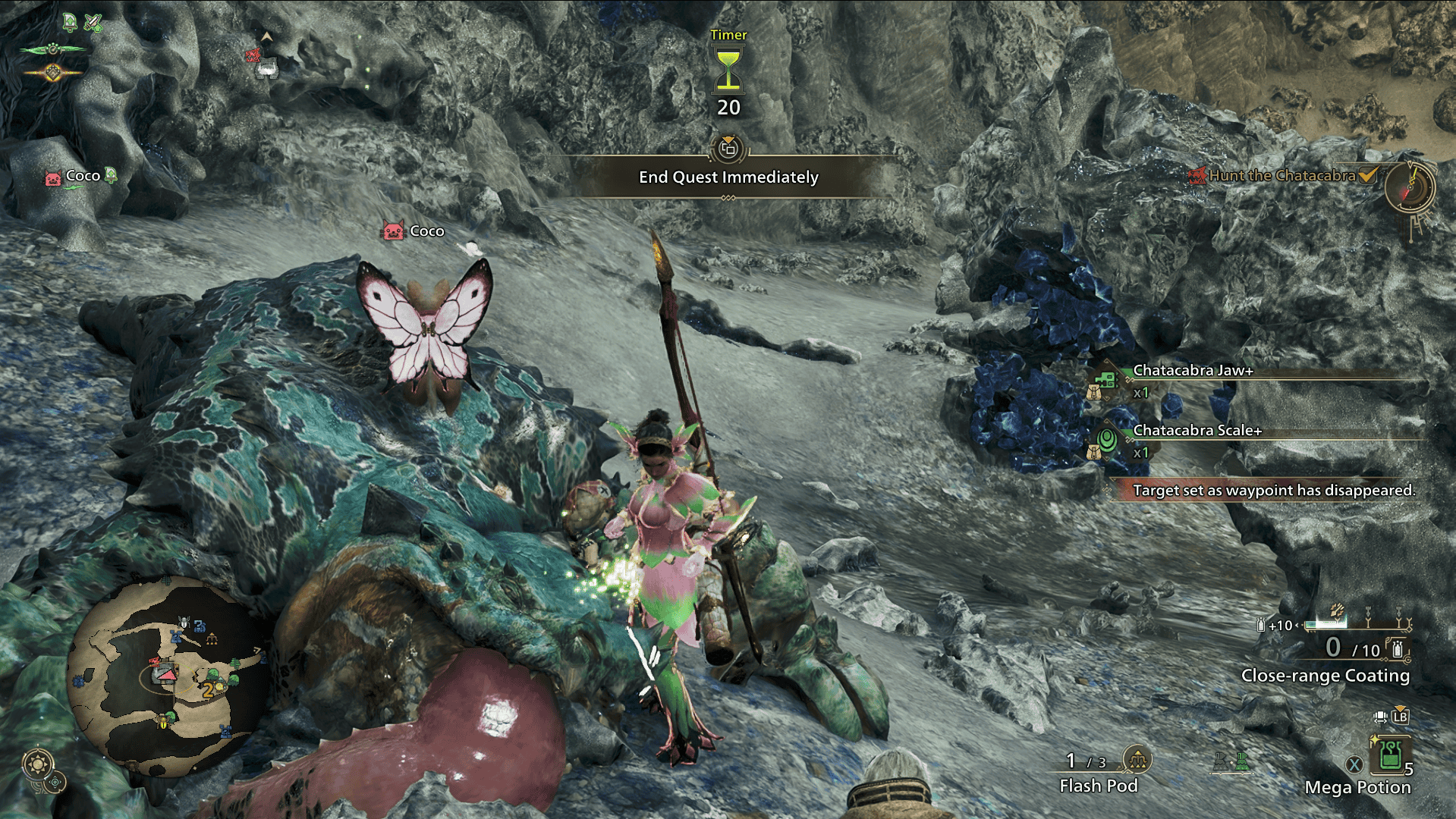 Screenshot from Monster Hunter Wilds showing a female hunter carving a slain Chatacabra - a frog-like monster